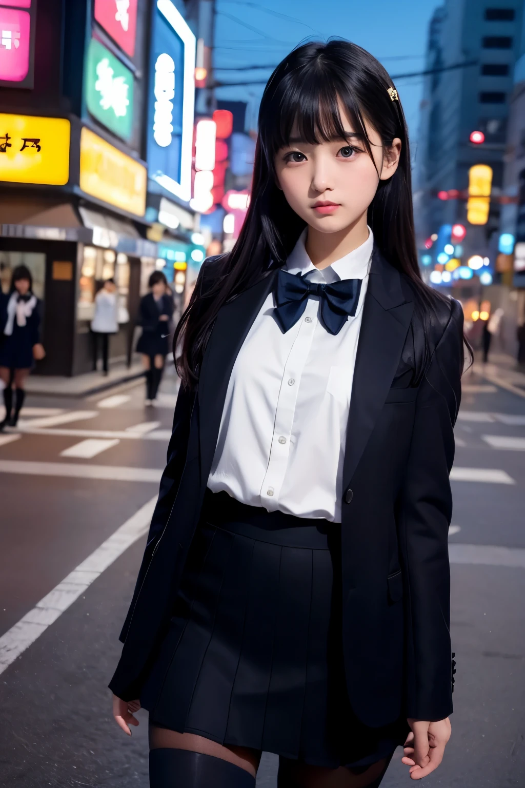 low angle shot、street snap、tall, A baby-faced gal woman wearing a short skirt and bow tie is standing in a neon street at night.、(girl)、amazingly cute 、日本のgirl、Winter clothes、Wearing Japanese school uniform、Japanese school black uniform、Wearing a surreal high school uniform、制服を着たgirl、Wearing a dark blue uniform、 Pause、Full body Esbian、nice skin、glowing skin、nice thighs、long legs、wide thighs、(micro hining thighs、Plump thighs、(opaque black knee high socks)、(She is wearing black tights that show a little bit of skin..)、I'm wearing leather shoes、Japanese high school 、Nogizaka Idol、korean idol、please invite me inside、inviting eyes