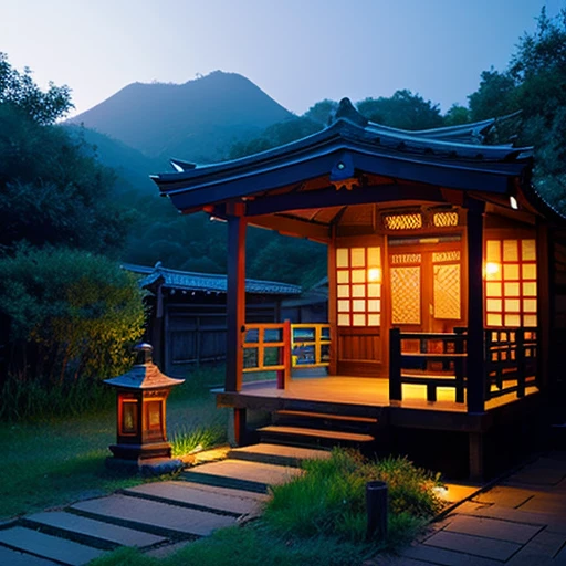 Night shrine、torii、countryside village、Blue-dark atmosphere