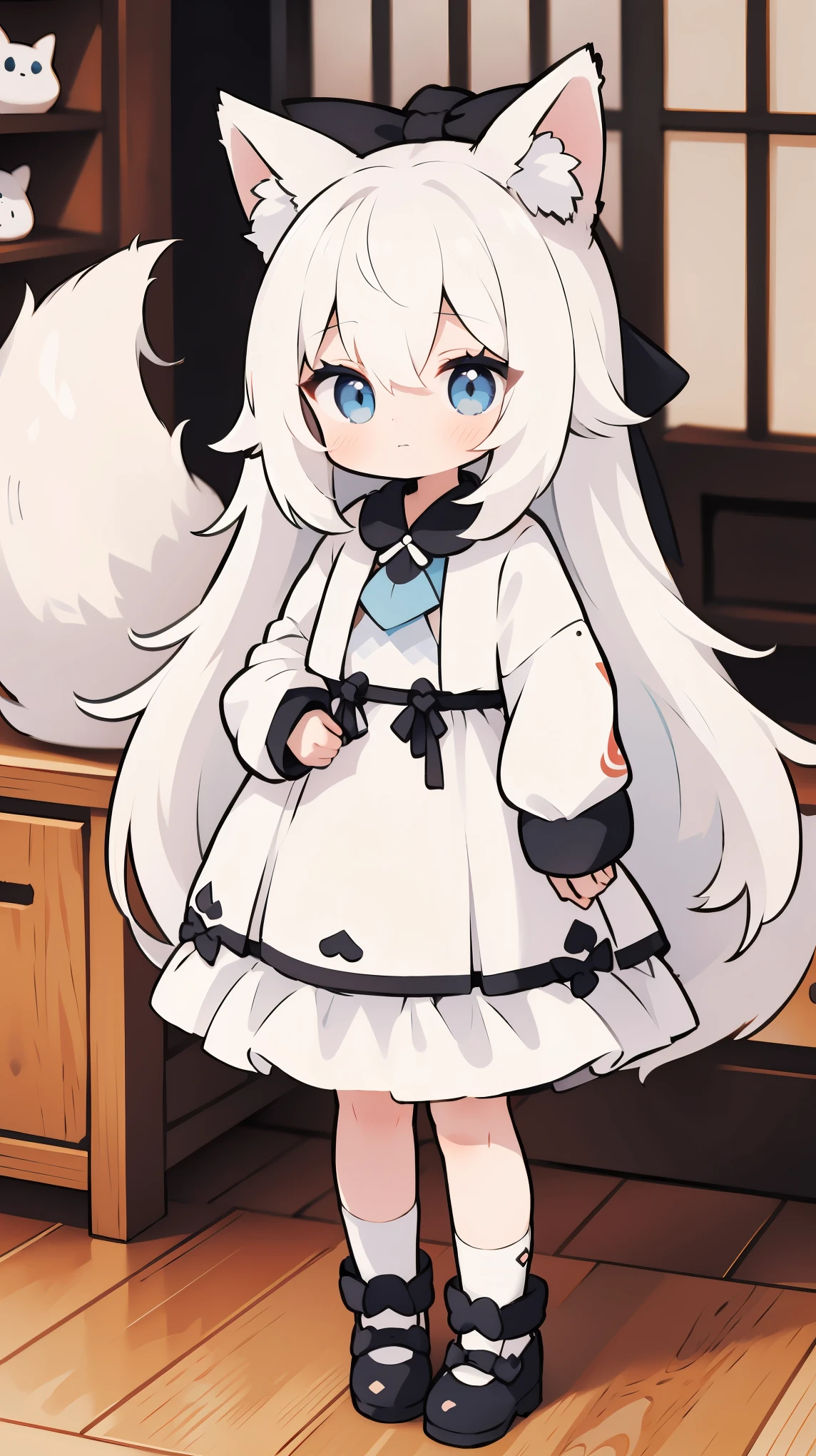 1girl, solo, long hair, looking at viewer, blush, bangs, blue eyes, long sleeves, dress, bow, animal ears, hair between eyes, closed mouth, standing, tail, full body, white hair, shoes, socks, indoors, black footwear, white dress, animal ear fluff, fox ears, fox tail, blue bow, white socks, fox girl, wooden floor