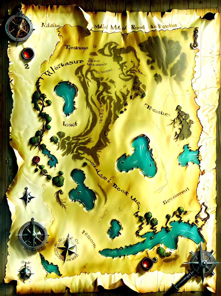 (奇怪的Treasure map:1.5),Treasure map,((Treasure map from Raiders of the Lost Ark)),((map made of parchment:1.6)),(Treasure map),Medieval map,unfinished edges,aged paper,Frayed edges,stained and torn paper,hole in paper、Nautical symbols、intricate details、Cartographic、Detailed parchment map、Complex lines,best quality,8k,high resolution,masterpiece,Super detailed,UHD,studio lighting,Super fine,Physically based rendering,Extreme detailed description,major,bright colors