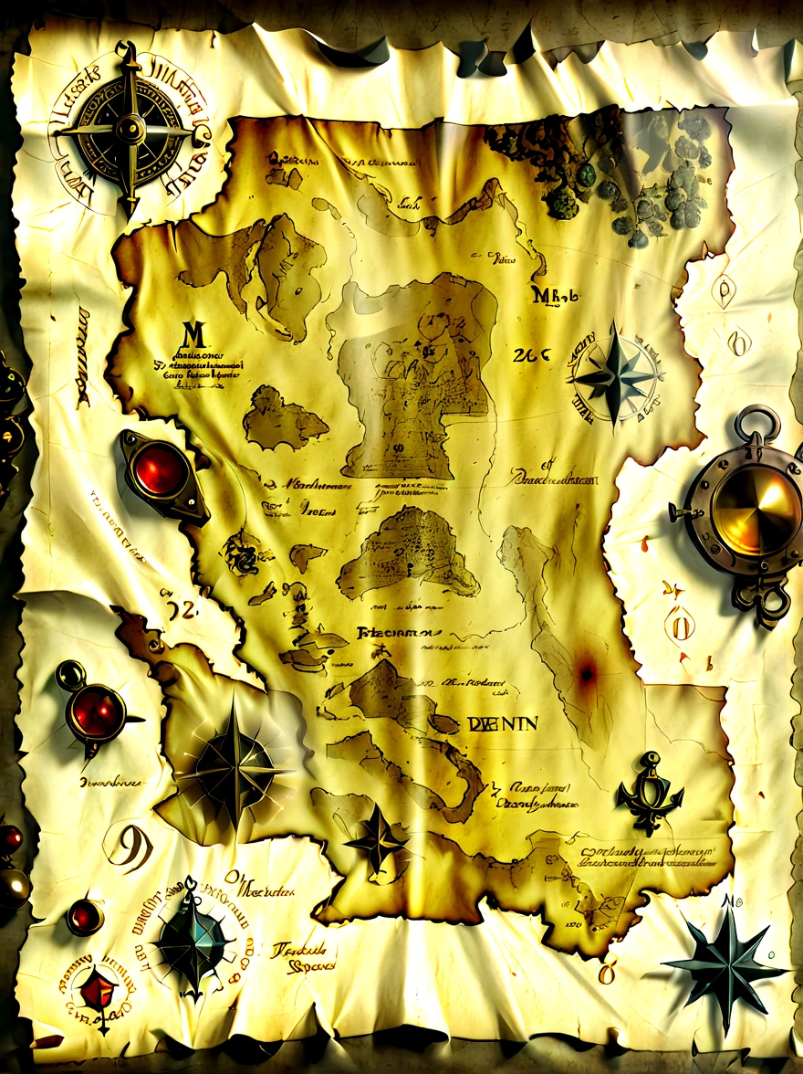 (奇怪的Treasure map:1.5)，Treasure map，((Treasure map from Raiders of the Lost Ark))，((map made of parchment:1.6))，(Treasure map)，Medieval map，unfinished edges，aged paper，Frayed edges，stained and torn paper，hole in paper、Nautical symbols、intricate details、Cartographic、Detailed parchment map、Complex lines，best quality，8k，high resolution，masterpiece，Super detailed，UHD，studio lighting，Super fine，Physically based rendering，Extreme detailed description，major，bright colors