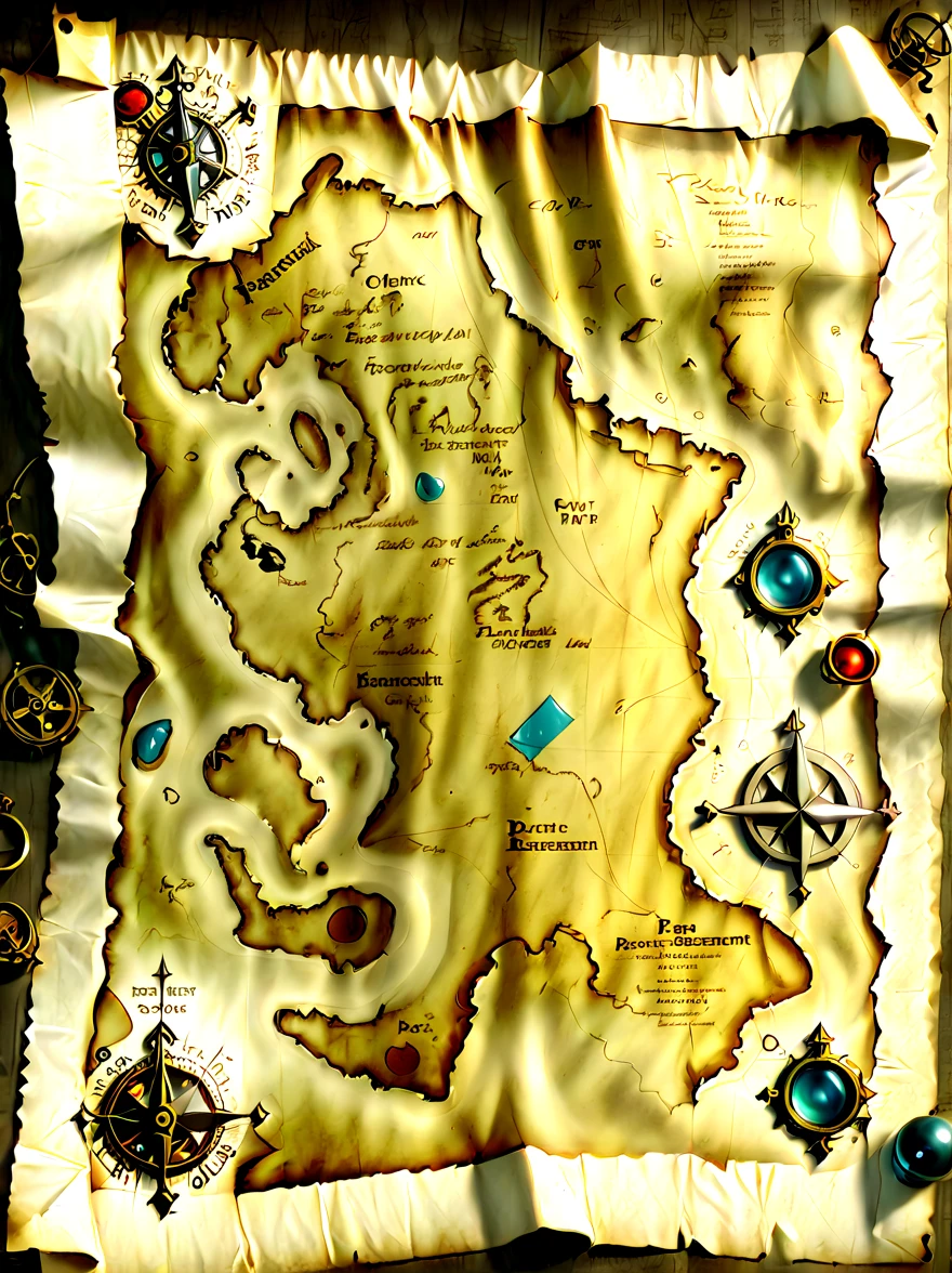 (奇怪的Treasure map:1.5)，Treasure map，Treasure map from Raiders of the Lost Ark，((map made of parchment:1.6))，(Treasure map)，Medieval map，unfinished edges，aged paper，Frayed edges，stained and torn paper，hole in paper、brown、sepia tone、Nautical symbols、intricate details、Cartographic、Detailed parchment map、Complex lines，best quality，8k，high resolution，masterpiece，Super detailed，UHD，studio lighting，Super fine，sharp focus，Physically based rendering，Extreme detailed description，major，bright colors，Bokeh，
