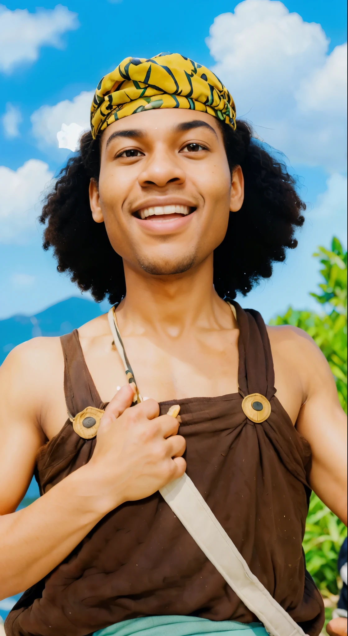 Real life adaption of this character, handsome african man face, realistic same afro hair, Sharp nose, realistic same headband , laughing expression,Realistic sling bag ,realistic same outfit, realistic shadow, realistic light,realism, hyper realistic, (photorealistic 1:2)