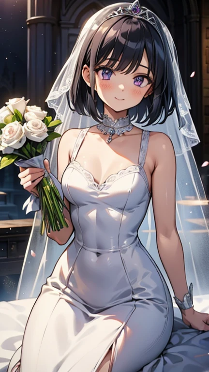 (masterpiece),(highest quality),(very detailed),(enlightenment),(ultra high resolution), black hair, Anime adult woman wearing a white wedding dress, anime style, 2D rendering of an anime adult woman, realistic young anime adult woman, Smooth anime CG art, tiara, smile, purple eyes, small breasts, tall, Straight hair, short bob cut, slanted eyes, background is church, wedding veil, bouquet, the veil is over the face