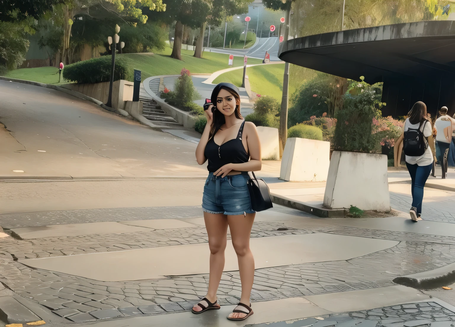 There is a woman standing on a sidewalk with a cell phone, in Sao Paulo, com um parque ao fundo, Jaraguá park, foto tirada em 1998, corpo inteiro, 162 cm de altura, pesando cerca de 53 quilos, pernas lindas, garota deslumbrante, alta qualidade, obra prima, high resolution, 8k.