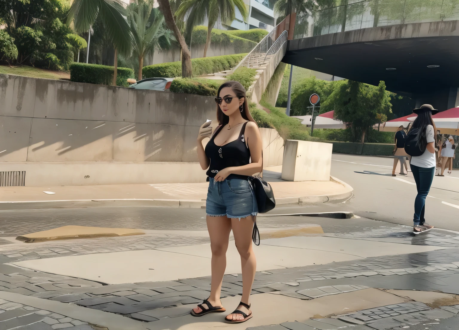 There is a woman standing on a sidewalk with a cell phone, in Sao Paulo, com um parque ao fundo, Jaraguá park, foto tirada em 1998,  corpo inteiro, 162 cm de altura, pesando cerca de 53 quilos, pernas lindas, garota deslumbrante, alta qualidade, obra prima, high resolution, 8k.