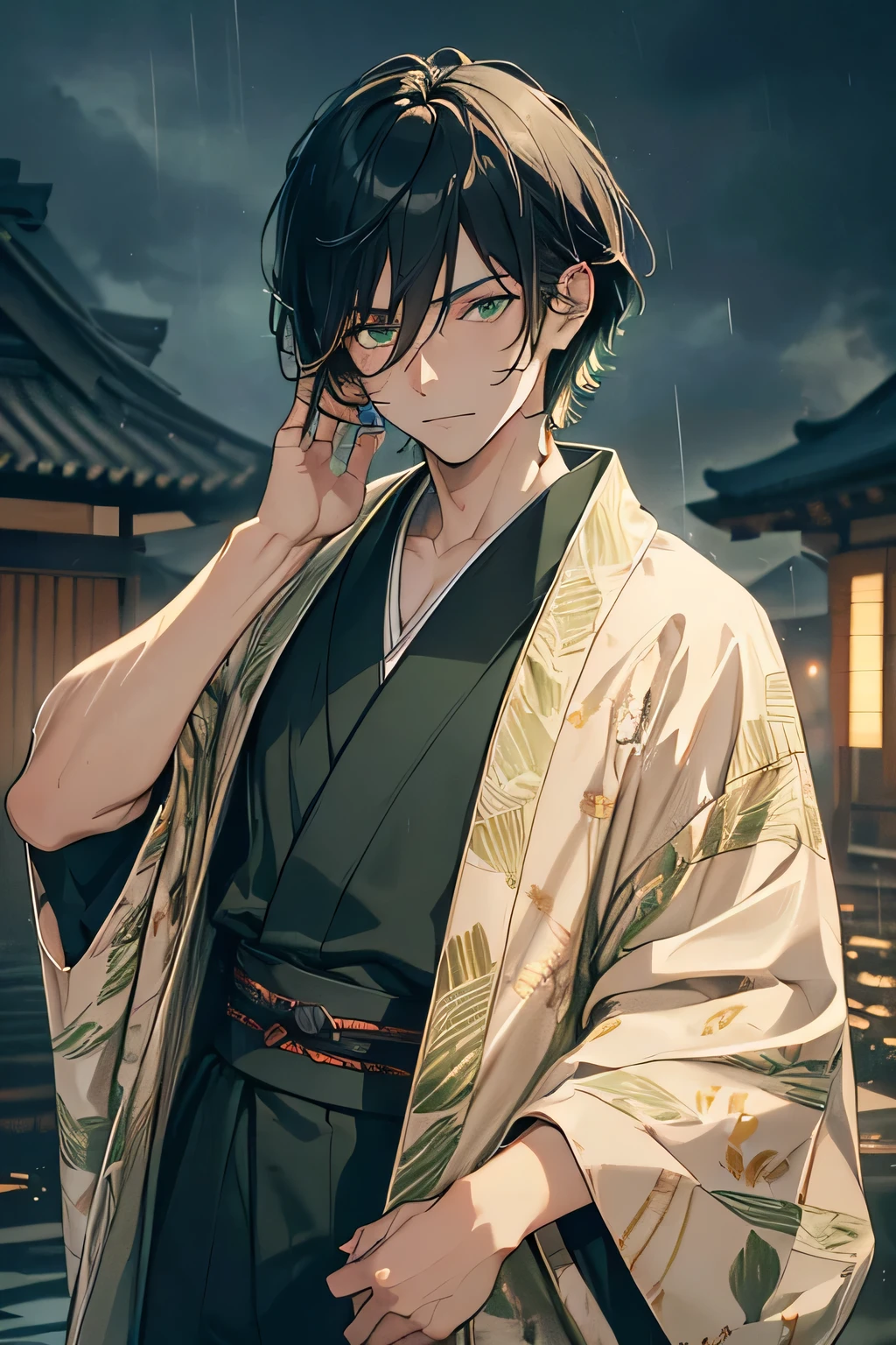 (High resolution, realistic, 4K, super detailed, masterpiece:1.2),cowboy shot (no hat:1.5), 1 boy, glowing green eyes, black hair, ((bob hair)), kimono, kimono, Fox Mask, ((At night)), Rain sky, dramatic lighting, quiet solitude, Bright colors, enchanting beauty