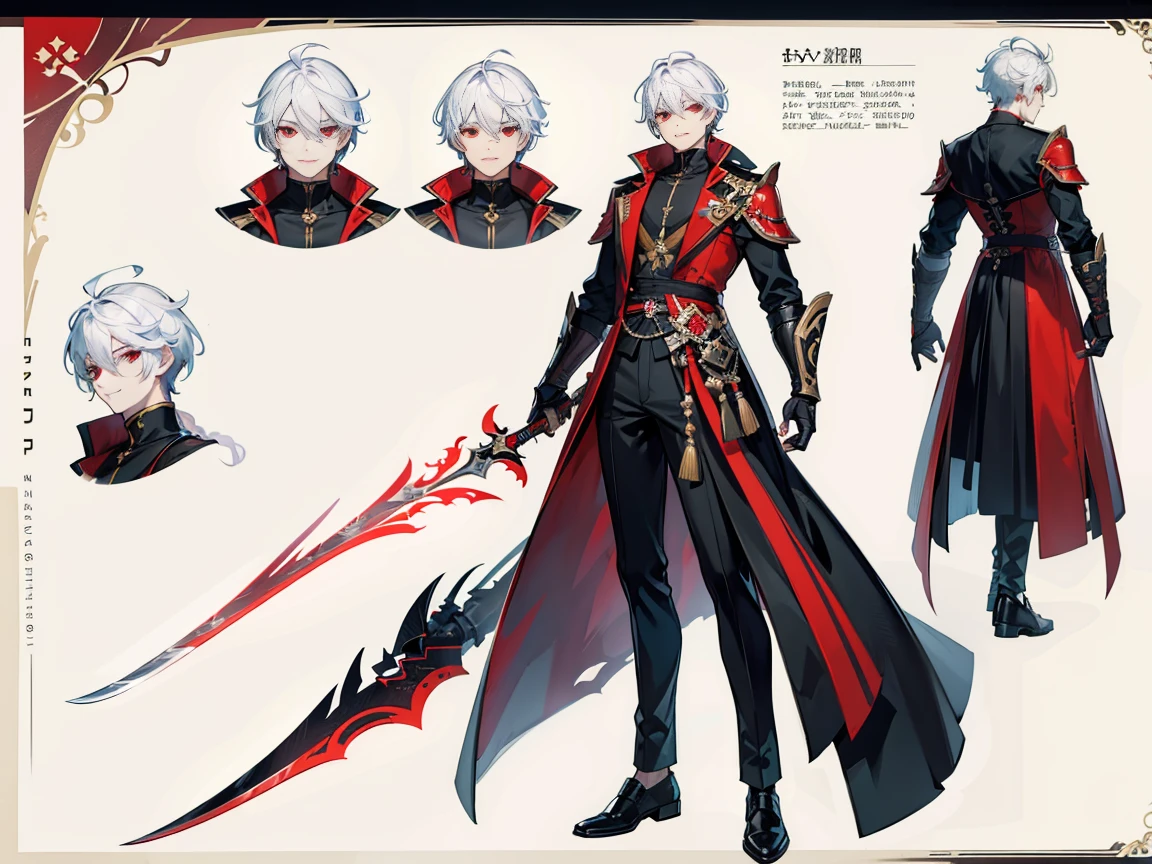 ((Masterpiece, Highest quality)), Male, boy, Detailed face, character design sheet, full bodyesbian, Full of details, frontal body view, back body view, Highly detailed, Depth, Many parts, holding small assassin sword, dual welding dagger, assassin's dagger, Muscle boy with white hair and red eye, smiling, handsome man, assassin outfit clothes, Genshin Impact, man tall