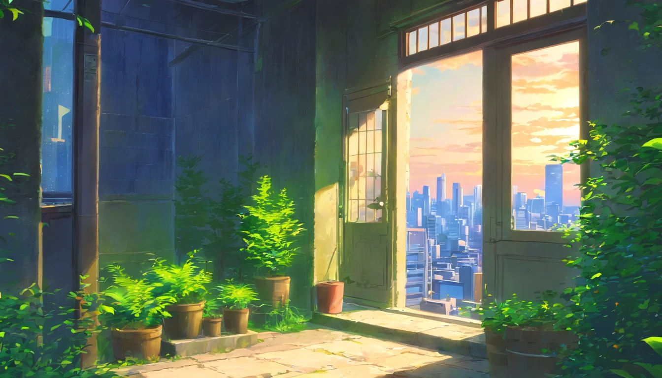 Tokyo cityscape,plant,Ruins where people no longer live,ruined city,with better quality,image of the entire city,shining door