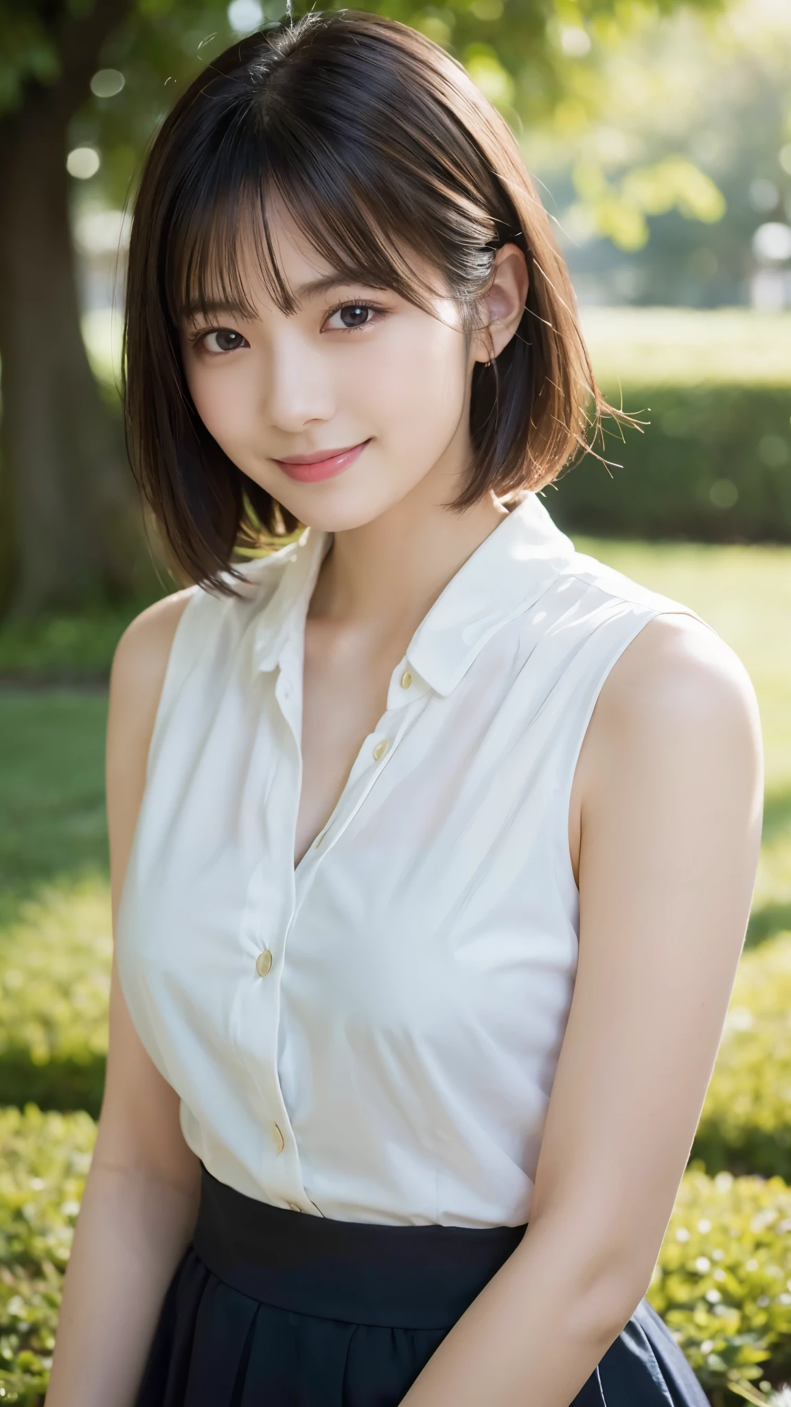 (highest quality,masterpiece:1.3,ultra high resolution),(Super detailed,caustics,8k),(photorealistic:1.4,RAW shooting),Japanese,28 years old,cute,Smiling and looking at the camera,black hair,short hair,duck mouth,natural makeup,big ,white blouse,bust up shot,warm light,Natural light,professional writing