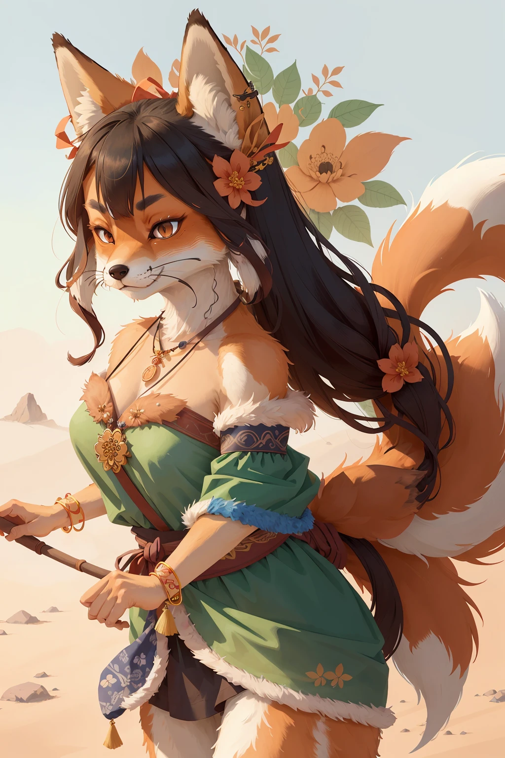 top quality, An ancient Chinese beauty(Beautiful face and eyes with great detail)absurd, complete anatomy((Beast Woman, Focus only)) (((fur))) (fur anthro:1.7) ((((furry body, fox facial features, Fox's physical features)))) ((fox's muzzle, 매우 상세한 바디 fur))whole body, dancing posture, Gorgeous dress with intricate embroidery, Transparent and colorful ribbon tied around her arm, bare shoulders, open neck, wreath, Black bun belt with flower hair clip, armband with flag, necklace, bracelet, anklet, metal chain tassel around waist, Mogao Caves Art, Inspired by the flying Apsaras murals of Dunhuang, Ink cleaning,