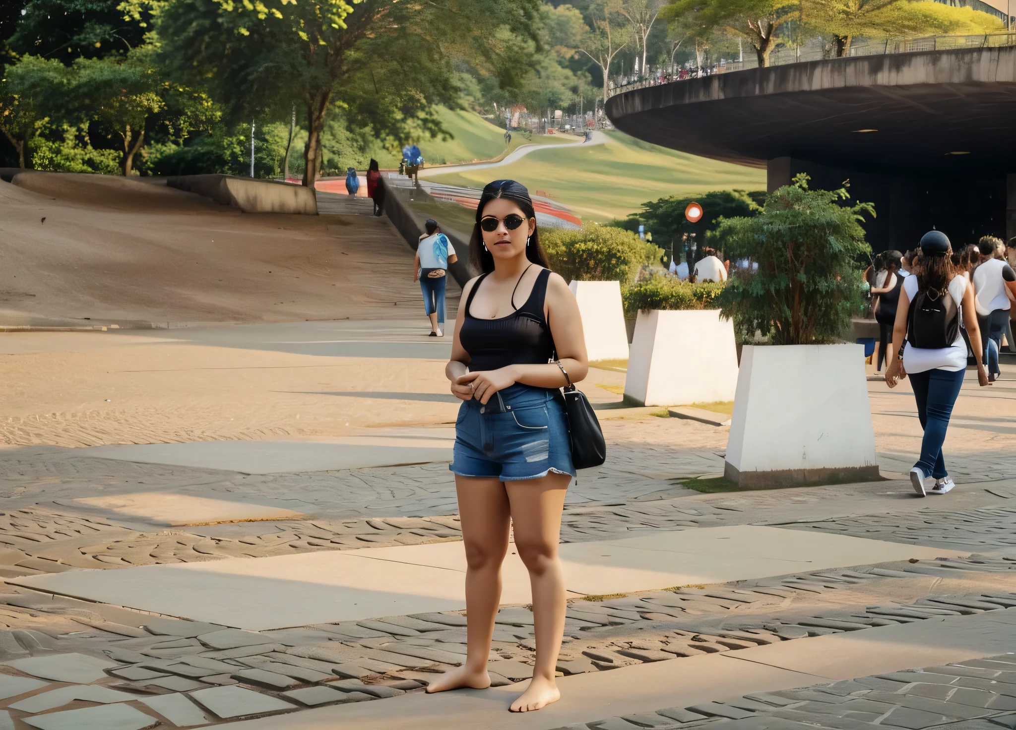 There is a woman standing on a sidewalk with a cell phone, in Sao Paulo, com um parque ao fundo, Jaraguá park, foto tirada em 1998, corpo inteiro, 162 cm de altura, pesando cerca de 53 quilos, pernas lindas, garota deslumbrante, alta qualidade, obra prima, high resolution, 8k.