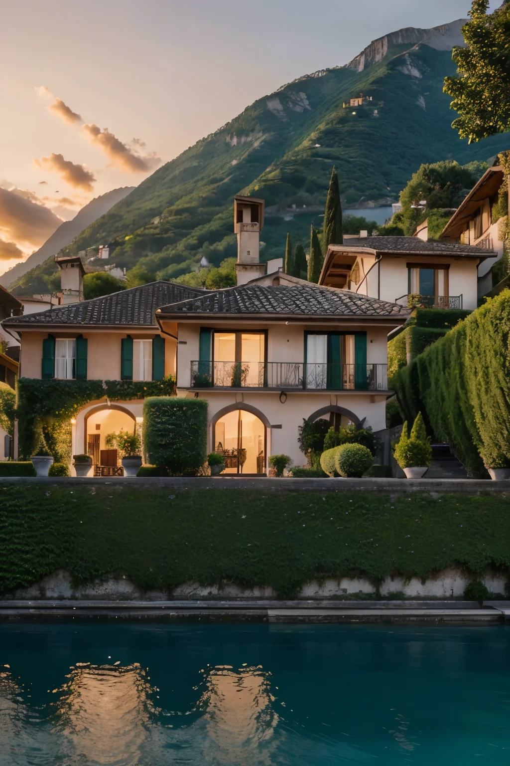 beautiful scenery of lake como in sunset, perfect detail, hyper realistic, luxurious villa in the background
