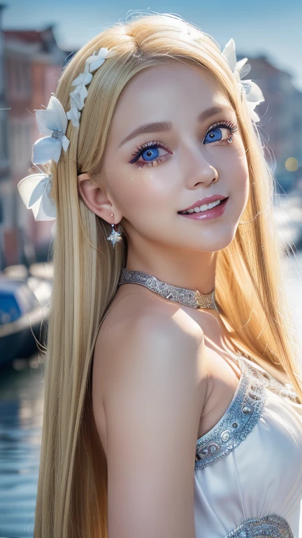 ((best quality:1.2, 8K, realistic photo:1.4, muste piece, back lighting, caustics, The ultimate beautiful blonde girl, Beautiful textures with great detail, detailed beauty makeup:1.2, realistic skin,Very beautiful bright light blue big eyes、very big eyes, blonde hair above one eye、blonde between the eyes、Detailed vandium thorax, (Canal background), ((White Fairy Costume )), (hair ornament), (naughty smile), (Detailed blonde and silver two-tone straight super long hair), ((round face)), (head tilt), From above , (wind)