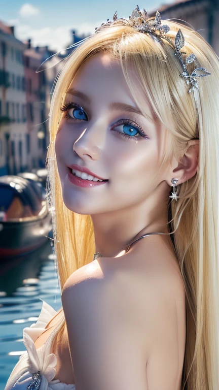 ((best quality:1.2, 8K, realistic photo:1.4, muste piece, back lighting, caustics, The ultimate beautiful blonde girl, Beautiful textures with great detail, detailed beauty makeup:1.2, realistic skin,Very beautiful bright light blue big eyes、very big eyes, blonde hair above one eye、blonde between the eyes、Detailed vandium thorax, (Canal background), ((White Fairy Costume )), (hair ornament), (naughty smile), (Detailed blonde and silver two-tone straight super long hair), ((round face)), (head tilt), From above , (wind)