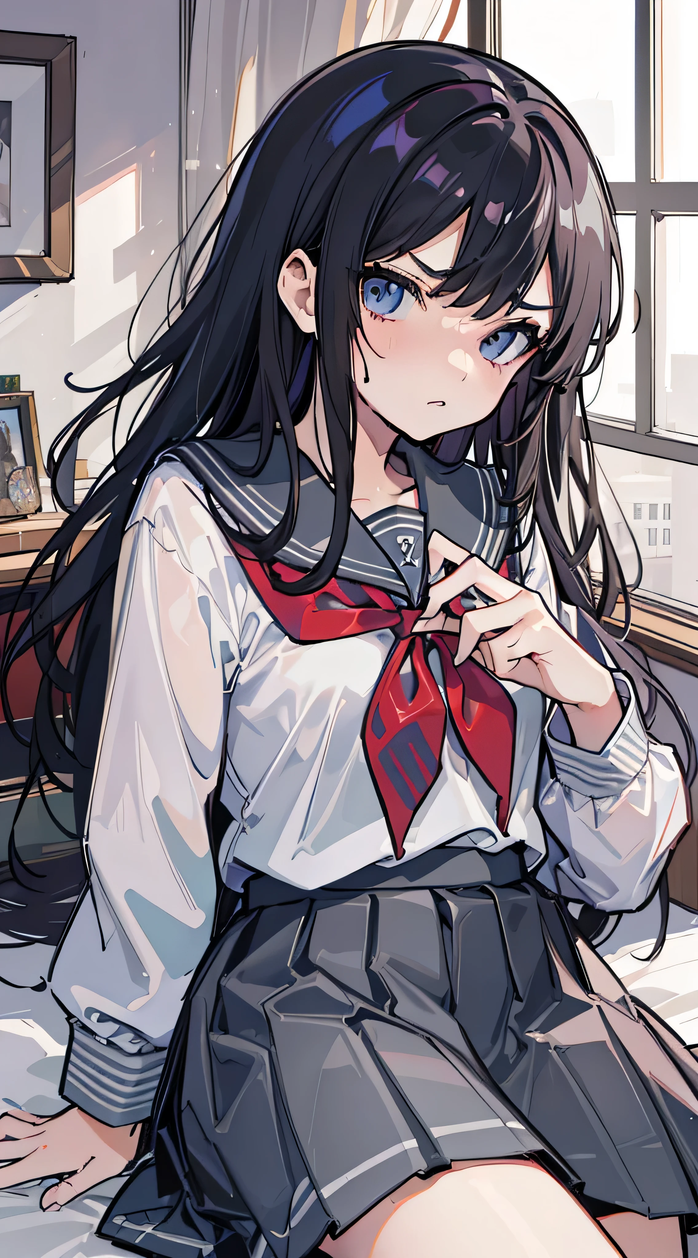 High resolution、(grumpy:1.5)、(I furrowed my brow.:1.5)、beautiful dark blue eyes、1 girl、long black hair、(school uniform:1.3)、sailor suit、(gray skirt:1.5)、sleeping face up on the bed、cute anime illustration、perfect lighting、whole body、perfect anatomy、perfect fingers