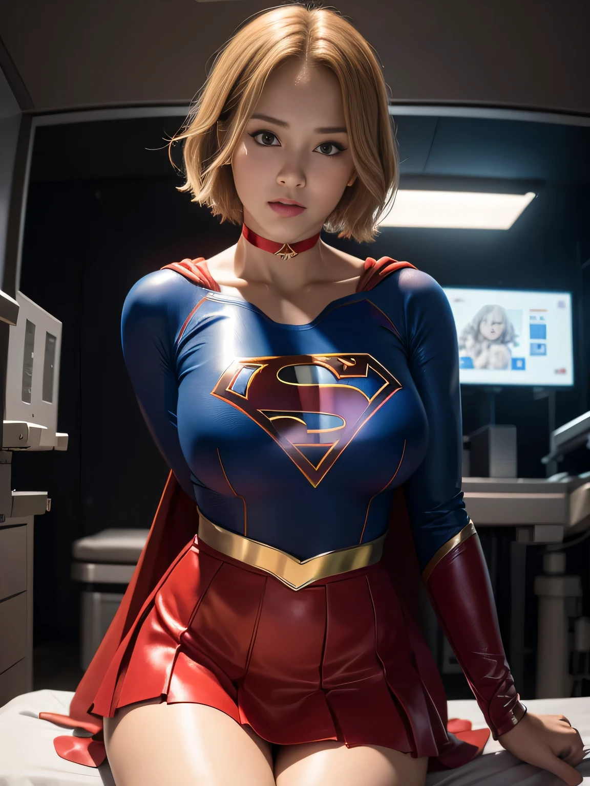 master piece,Supergirl costumes, short hair, barefoot, big and full breasts,operating room、operating table、straddle、corrupted、shiny、look at the camera、choker、long sleeve、red mini skirt
