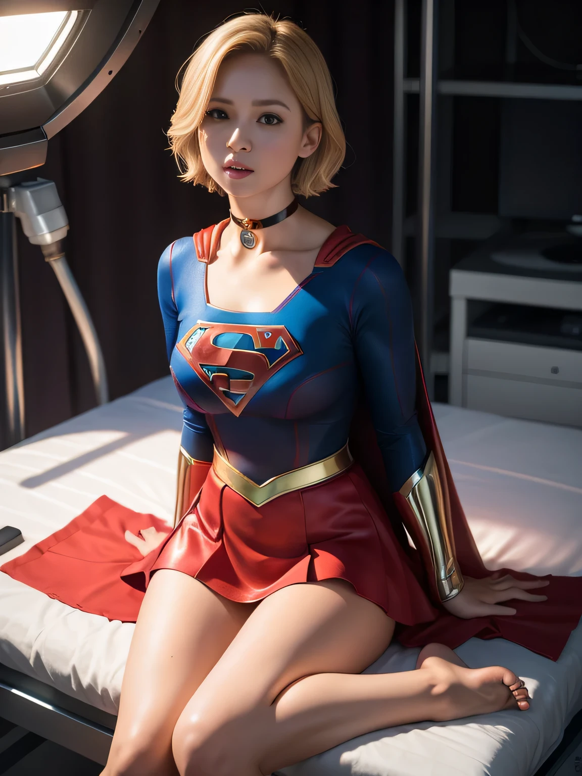 master piece,Supergirl costumes, short hair, barefoot, big and full breasts,operating room、operating table、straddle、corrupted、shiny、look at the camera、choker、long sleeve、red mini skirt