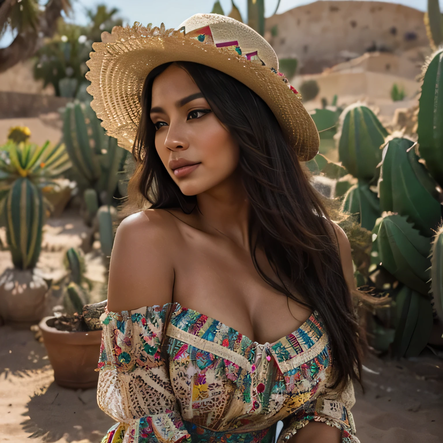A beautiful 28 Yrs Old Mexican Hispanic Latina female, young, white skin tone, black hair. Eye Color is Brown, Busty, Curvy, lying on floor, posing, wearing a flowy maxi dress, wide-brimmed hat, desert landscape, incorporate cacti and desert flora into the backdrop, Desert Oasis with Cactus Garden setting, day time, photorealistic, alone, very detailed, talking selfie, selfie full body shot