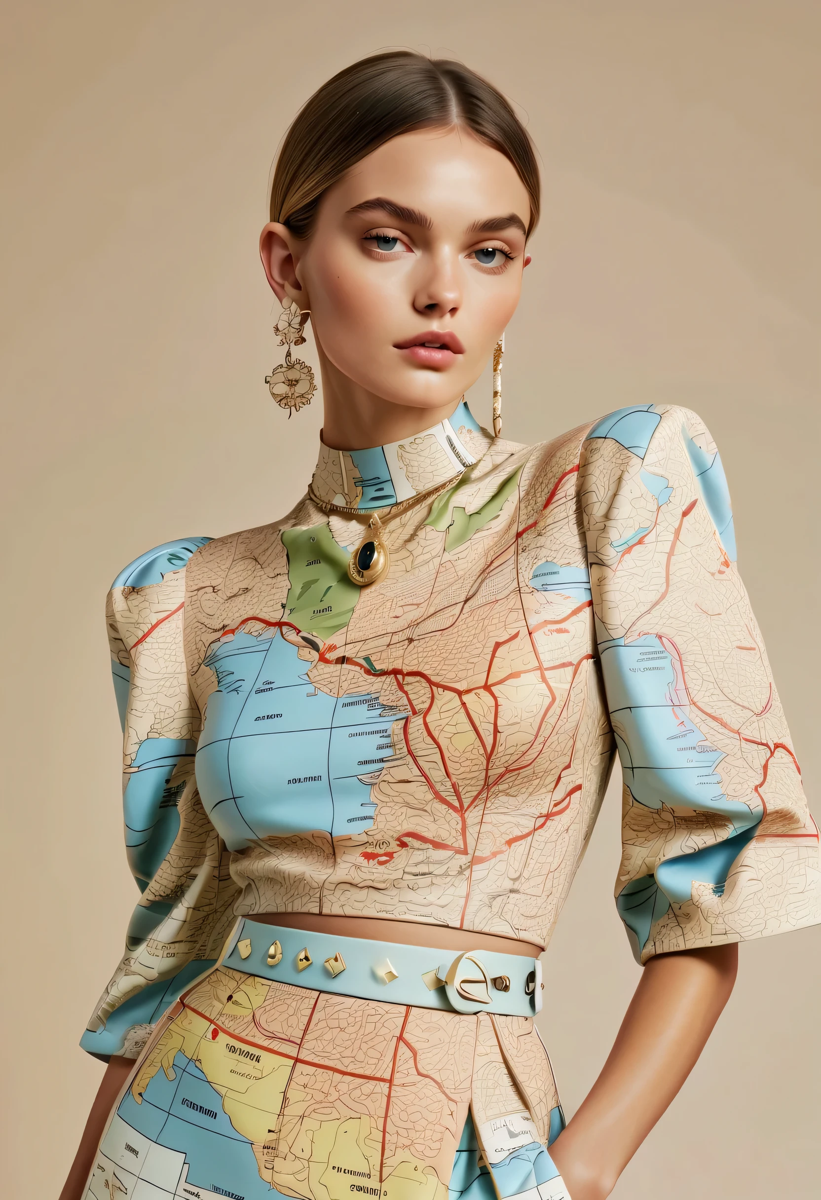 Series set,Creative jewelry,About map elements,Beautifullyly,Beautifully,exaggerate,Model wears map patterned clothes,advanced,extremely beautiful