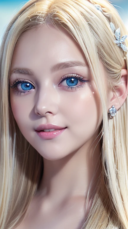 ((best quality:1.2, 8K, realistic photo:1.4, muste piece, back lighting, caustics, The ultimate beautiful blonde girl, Beautiful textures with great detail, detailed beauty makeup:1.2, realistic skin,Very beautiful bright light blue big eyes、very big eyes, blonde hair above one eye、blonde between the eyes、Detailed vandium thorax, (Canal background), ((White Fairy Costume )), (hair ornament), (naughty smile), (Detailed blonde and silver two-tone straight super long hair), ((round face)), (head tilt), From above , (wind)、small face beautiful girl、round face、cheek gloss highlight