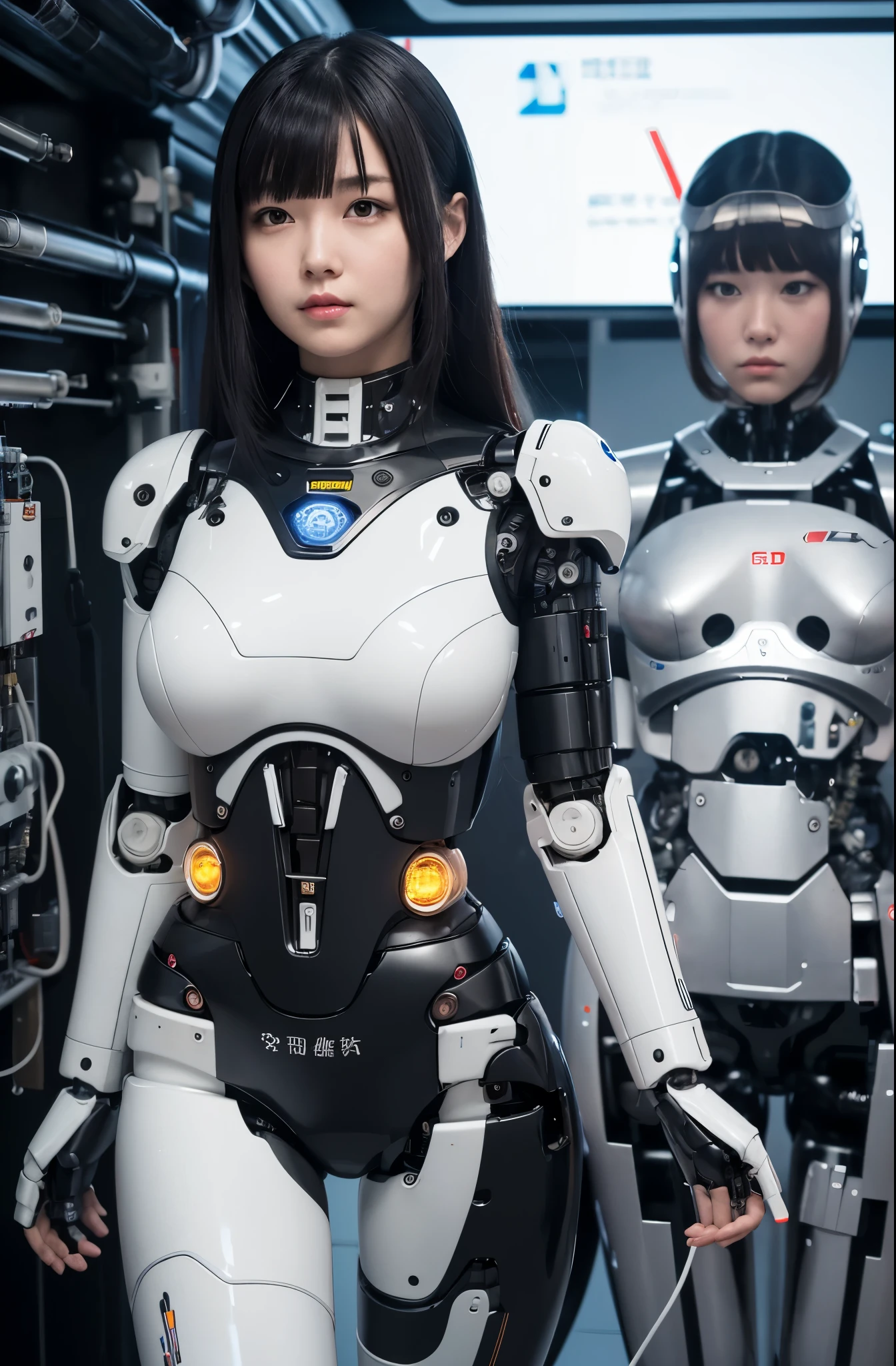 masterpiece, best quality, Japaese Cyborg Girl,Plump , announcer,control panels,android,Droid,Mechanical Hand, ,clothes with a sense of mechanical technology, Robot arms and legs, Black Robot Parts,Black hair,Mechanical body,Blunt bangs,White abdomen,White robotics parts,tube dress,perfect robot woman,perfect android woman, perfect mechanical woman,future laboratory,android factory,cyborg factory,robot factory,cyber pank,charging spot,long tube,thick cable connected her neck,bowing,maintainance her,repaired her,full eyes,dark black tights,a bit chubby