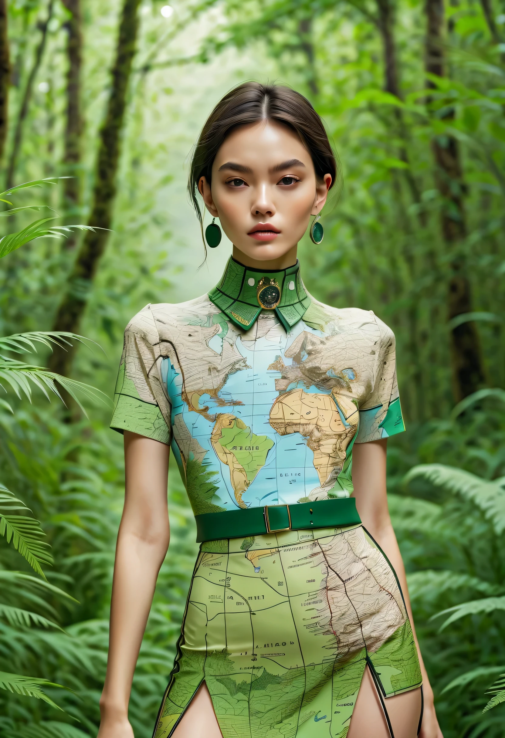 Series set，Creative jewelry，About map elements，Beautifullyly，Beautifully，exaggerate，Model wears map patterned clothes，advanced，extremely beautiful。Blurred green forest background