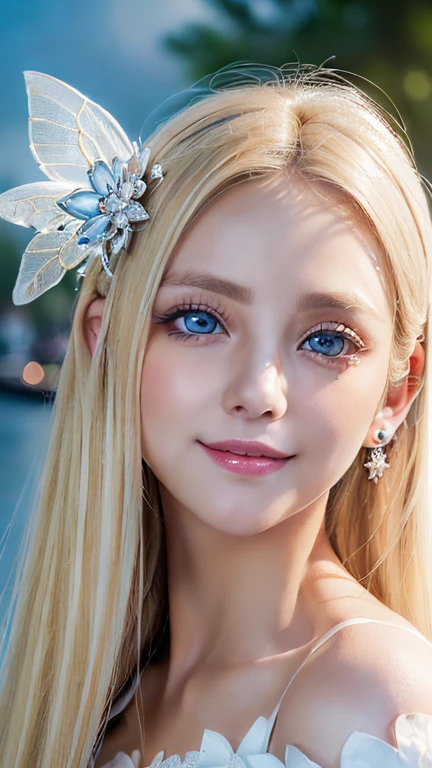 ((best quality:1.2, 8K, realistic photo:1.4, muste piece, back lighting, caustics, The ultimate beautiful blonde girl, Beautiful textures with great detail, detailed beauty makeup:1.2, realistic skin,Very beautiful bright light blue big eyes、very big eyes, blonde hair above one eye、blonde between the eyes、Detailed vandium thorax, (Canal background), ((White Fairy Costume )), (hair ornament), (naughty smile), (Detailed blonde and silver two-tone straight super long hair), ((round face)), (head tilt), From above , (wind)、small face beautiful girl、round face、cheek gloss highlight