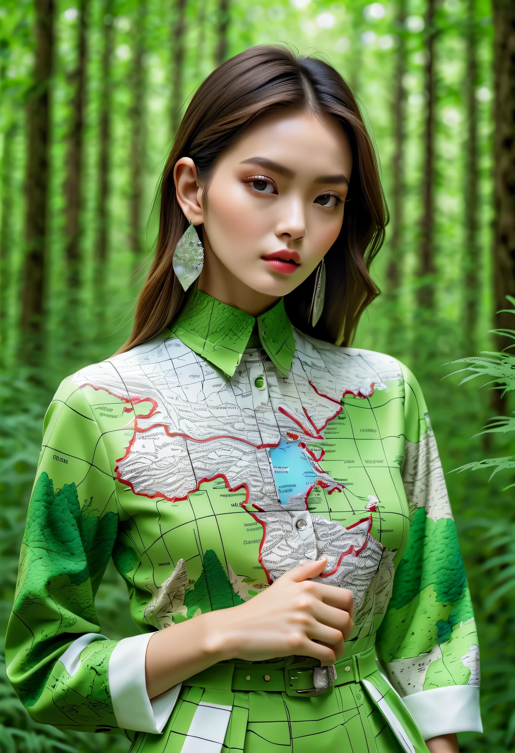 Series set，Creative jewelry，About map elements，Beautifullyly，Beautifully，exaggerate，Model wears map patterned clothes，advanced，extremely beautiful。Blurred green forest background