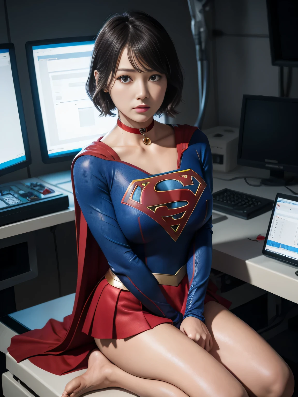 master piece,Supergirl costumes, short hair, barefoot, big and full breasts,operating room、operating table、straddle、corrupted、shiny、look at the camera、choker、long sleeve、red mini skirt