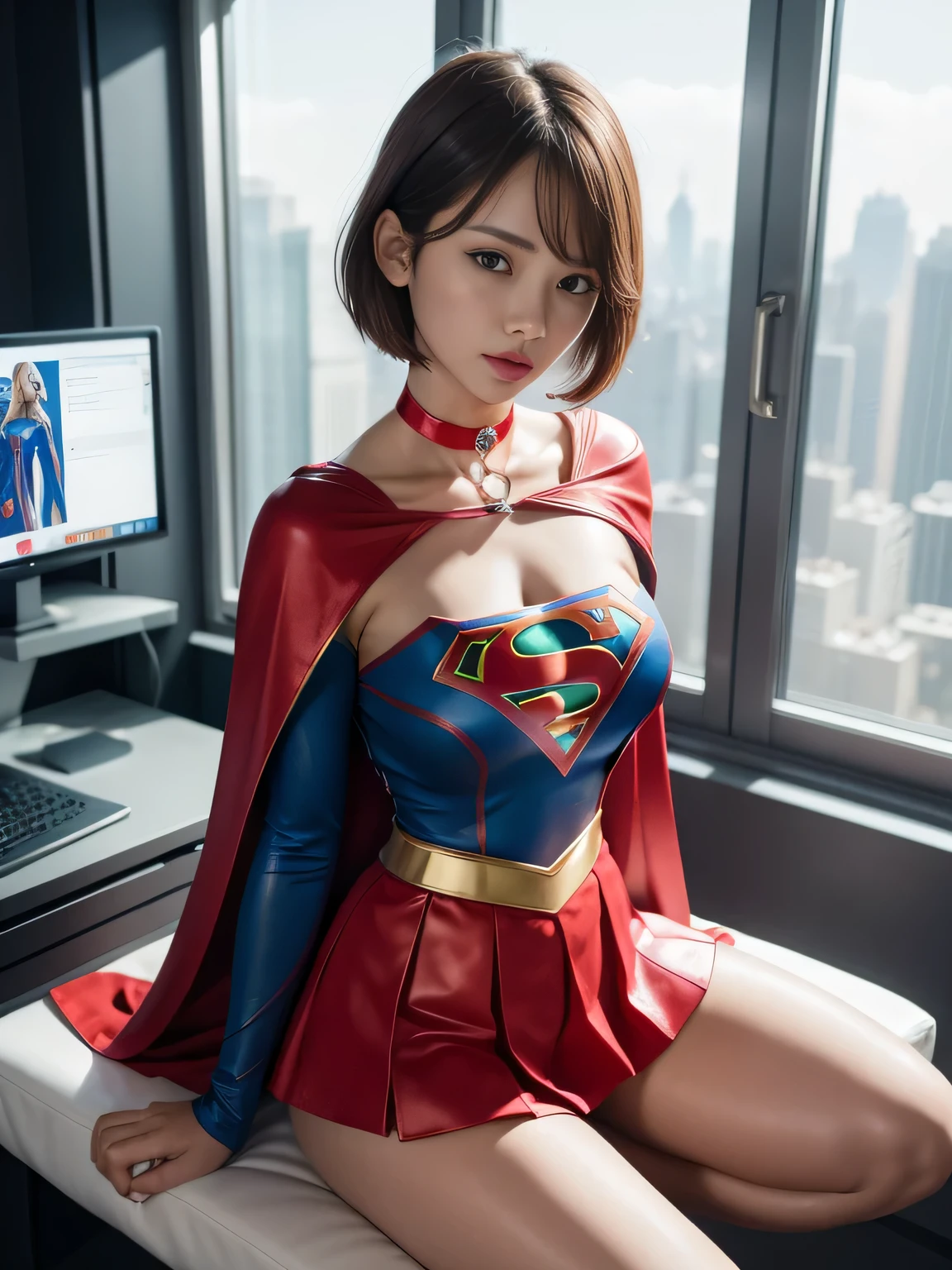 master piece,Supergirl costumes, short hair, barefoot, big and full breasts,operating room、operating table、straddle、corrupted、shiny、look at the camera、choker、long sleeve、red mini skirt
