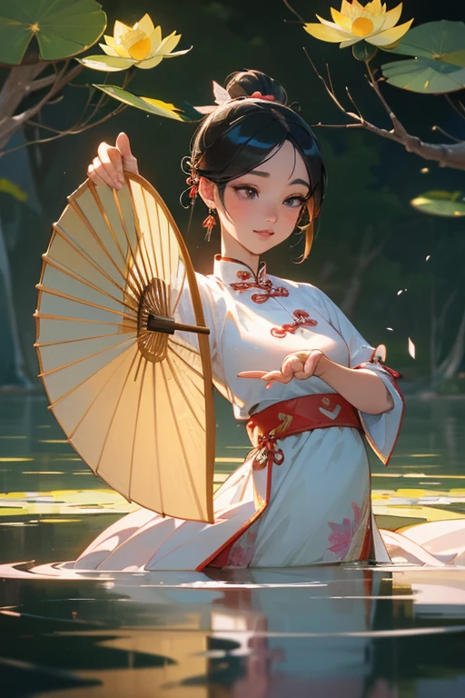 (best quality,4k,8k,highres,masterpiece:1.2),ultra-detailed,(realistic,photorealistic,photo-realistic:1.37),vivid colors,bokeh,soft lighting,beautiful detailed eyes,beautiful detailed lips,extremely detailed eyes and face,long eyelashes,(girls:1.1),traditional Chinese clothing,ornate hair accessories,cherry blossom background,delicate embroidery,flowing silk,ethereal atmosphere,gentle breeze,feminine pose,sunlight filtering through trees,graceful movements,serene expression,subtle makeup,traditional floral patterns,subtly glowing skin,dainty fingers,traditional Chinese garden,harmonious color palette,delicate fan,lotus pond,butterfly,serene smile,traditional Chinese music playing softly in the background