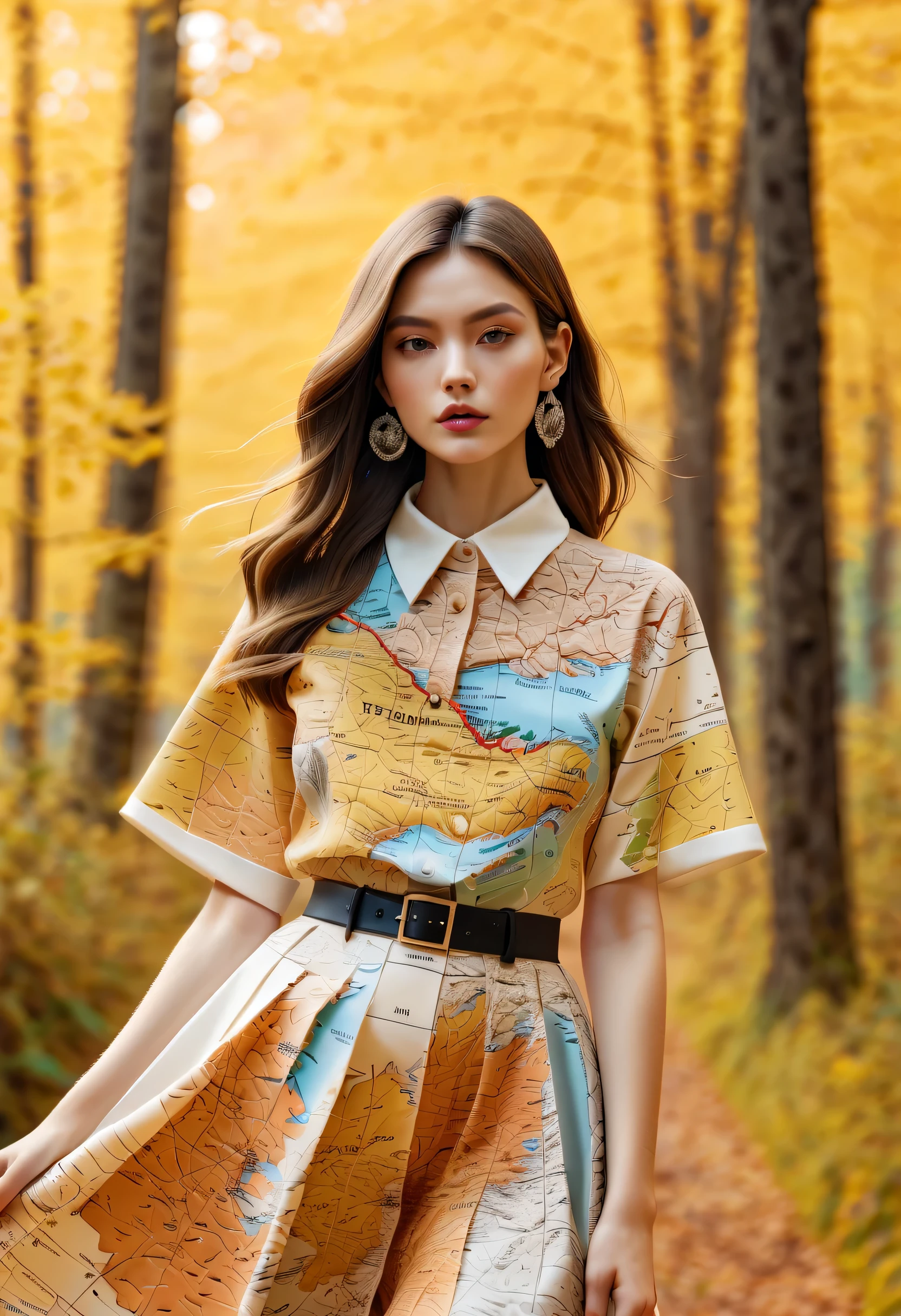 Series set,Creative jewelry,About map elements,Beautifullyly,Beautifully,exaggerate,Model wears map patterned clothes,advanced,extremely beautiful。Autumn forest background blur