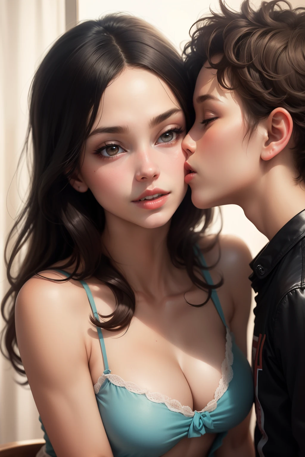 Sexy woman being kissed on the neck by a young boy