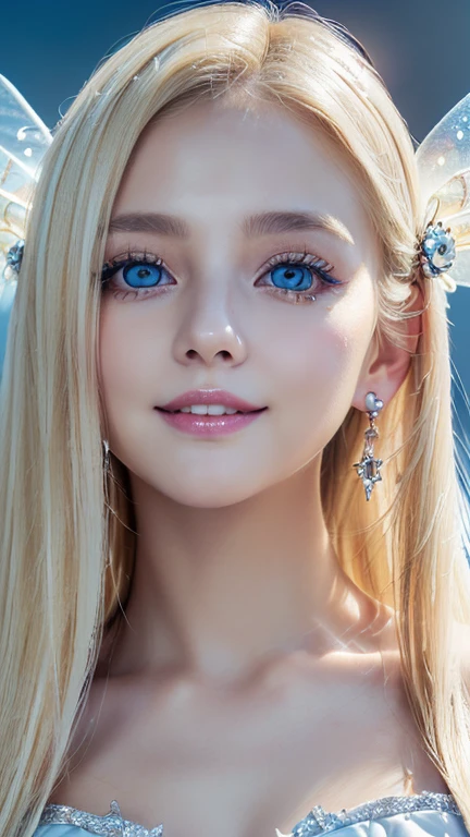 ((best quality:1.2, 8K, realistic photo:1.4, muste piece, back lighting, caustics, The ultimate beautiful blonde girl, Beautiful textures with great detail, detailed beauty makeup:1.2, realistic skin,Very beautiful bright light blue big eyes、very big eyes, blonde hair above one eye、blonde between the eyes、Detailed vandium thorax, (Canal background), ((White Fairy Costume )), (hair ornament), (naughty smile), (Detailed blonde and silver two-tone straight super long hair), ((round face)), (head tilt), From above , (wind)、small face beautiful girl、round face、cheek gloss highlight