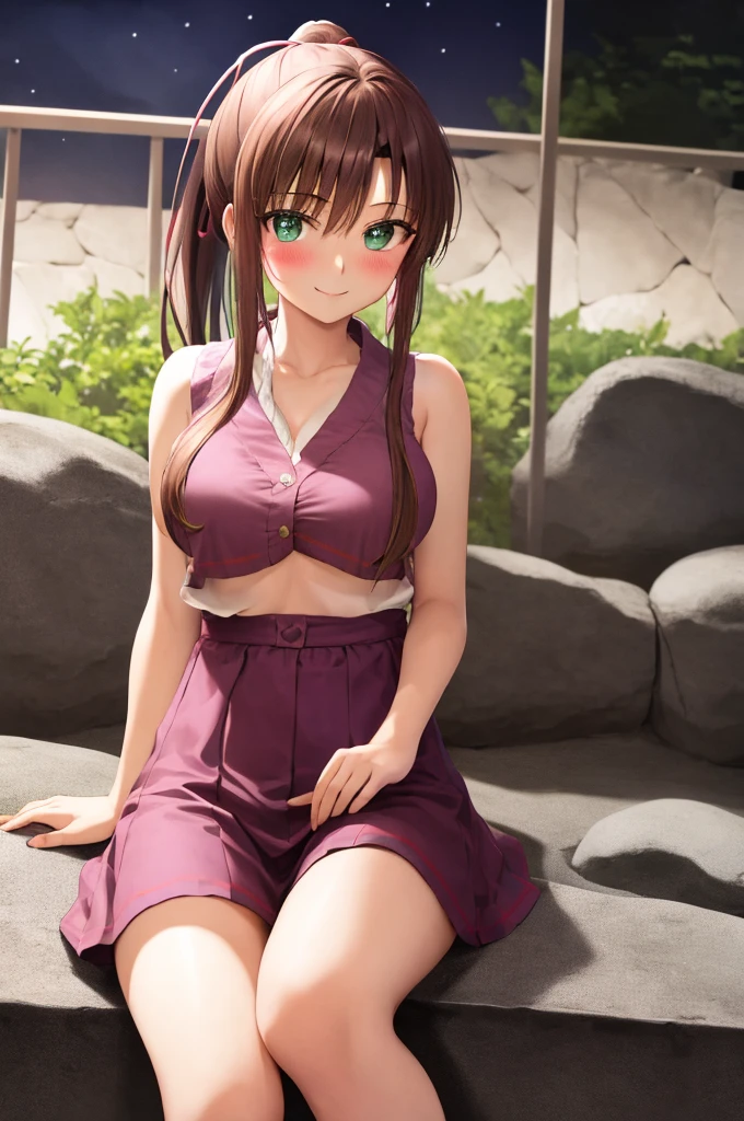 masterpiece, highest quality, 1girl kirasaka sayaka high ponytail hair ribbon ,BREAK medium breasts, cross your legs, sit, look at the viewer, hot spring, stone, night, blush, smile, sit BREAK medium breasts, cross your legs, sit, look at the viewer, hot spring, stone, night, blush,,Towel on the body,naked,
white panties