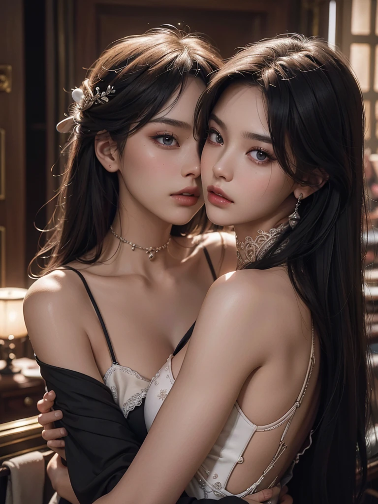 Two top models, deeply enamored, Lock lips in a passionate kiss, Expressing the intense feelings of Lovesickness and love. Surrounded by an array of high-end cosmetics, Their faces beautifully adorned with the best quality, Ultra-detailed makeup, A masterpiece of art and allure. In the limelight, the fine details of their faces captivate viewers, The real skin radiating with the power of the best cosmetics, A testament to the transformative power of beauty. The ultra-high resolution, Photorealistic image, A true RAW photo of raw emotion and desire, A cinematic CG unity 8k wallpaper that enc