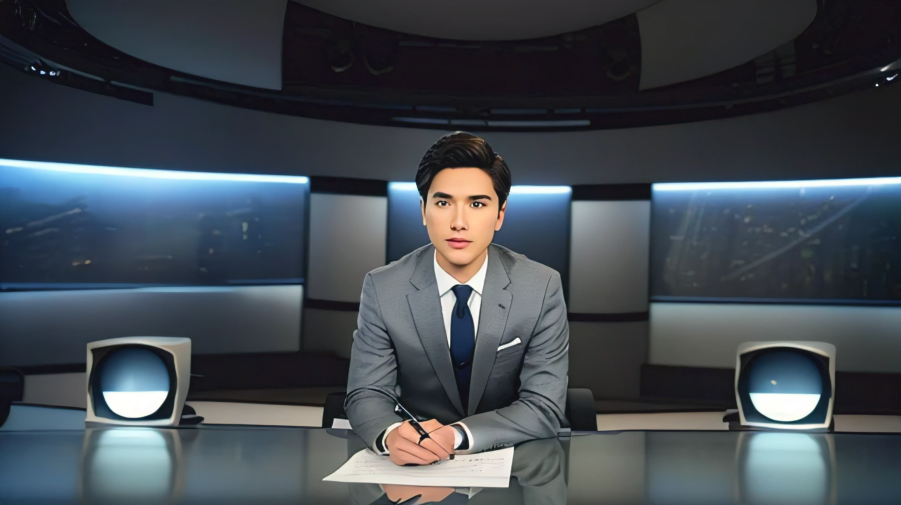 "Generate an image of a news anchor boy in a gray suit seated at a sleek desk in a modern news studio. The scene should depict a professional news broadcast setting with the boy holding a microphone and positioned in a close-up portrait shot. The emphasis should be on the journalist's professionalism, showcasing a mid-shot portrait with clear details of the gray suit, keyboard, and microphone. The background should convey the atmosphere of an evening news program, creating a dynamic and engaging visual for a news segment. The image should exude a sense of authority and credibility, capturing the essence of a young, professional news anchor delivering breaking news. The final image should be in high definition with a polished and sophisticated appearance."