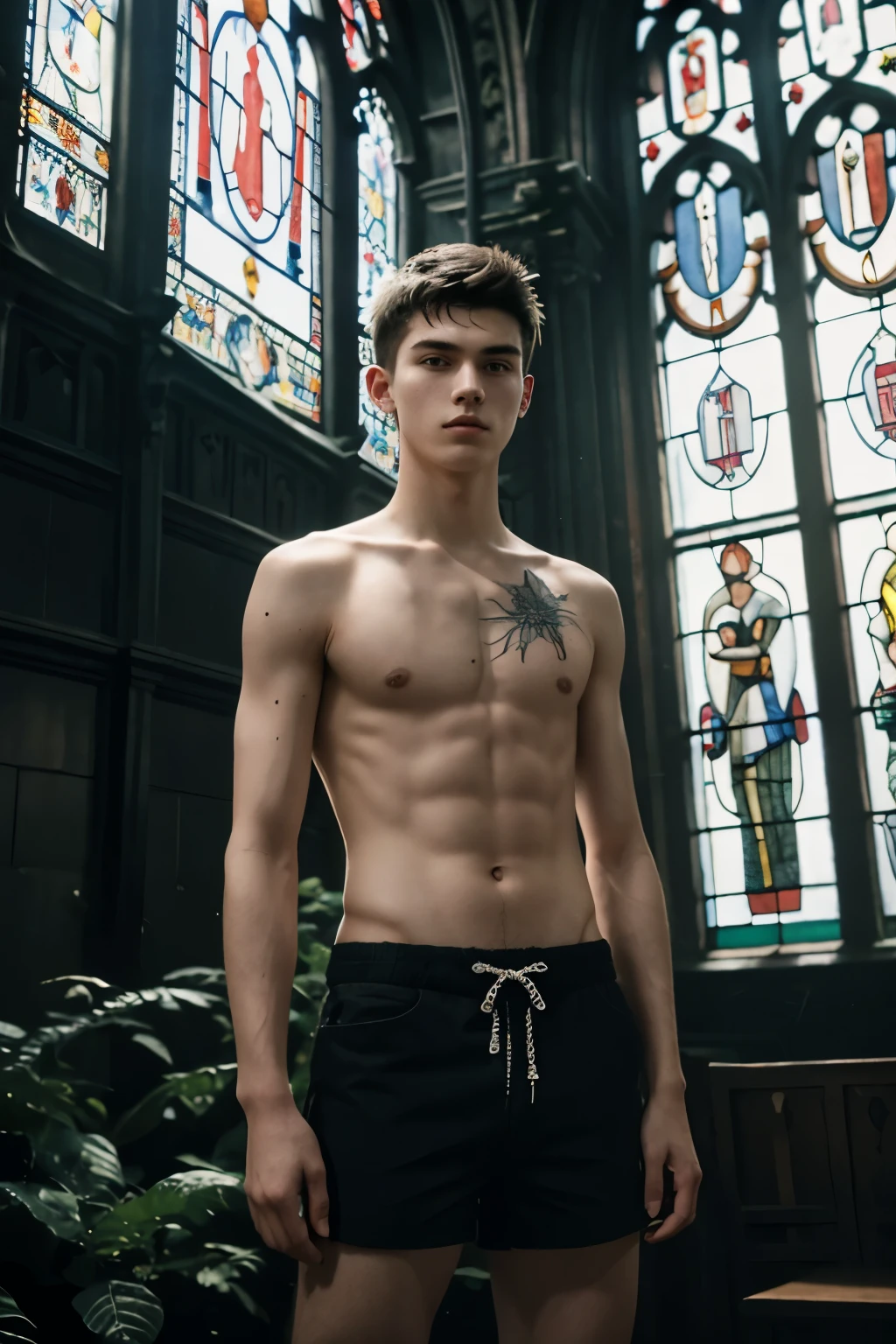 Close-up of an 18-year-old German man, in shorts, shaved hair, stern look, small tattoo on left thigh, face lit from the front, in front of the stained glass windows of a cathedral overgrown with vines, electric wires, canvases spiders, stalagmites and metal stalactites.