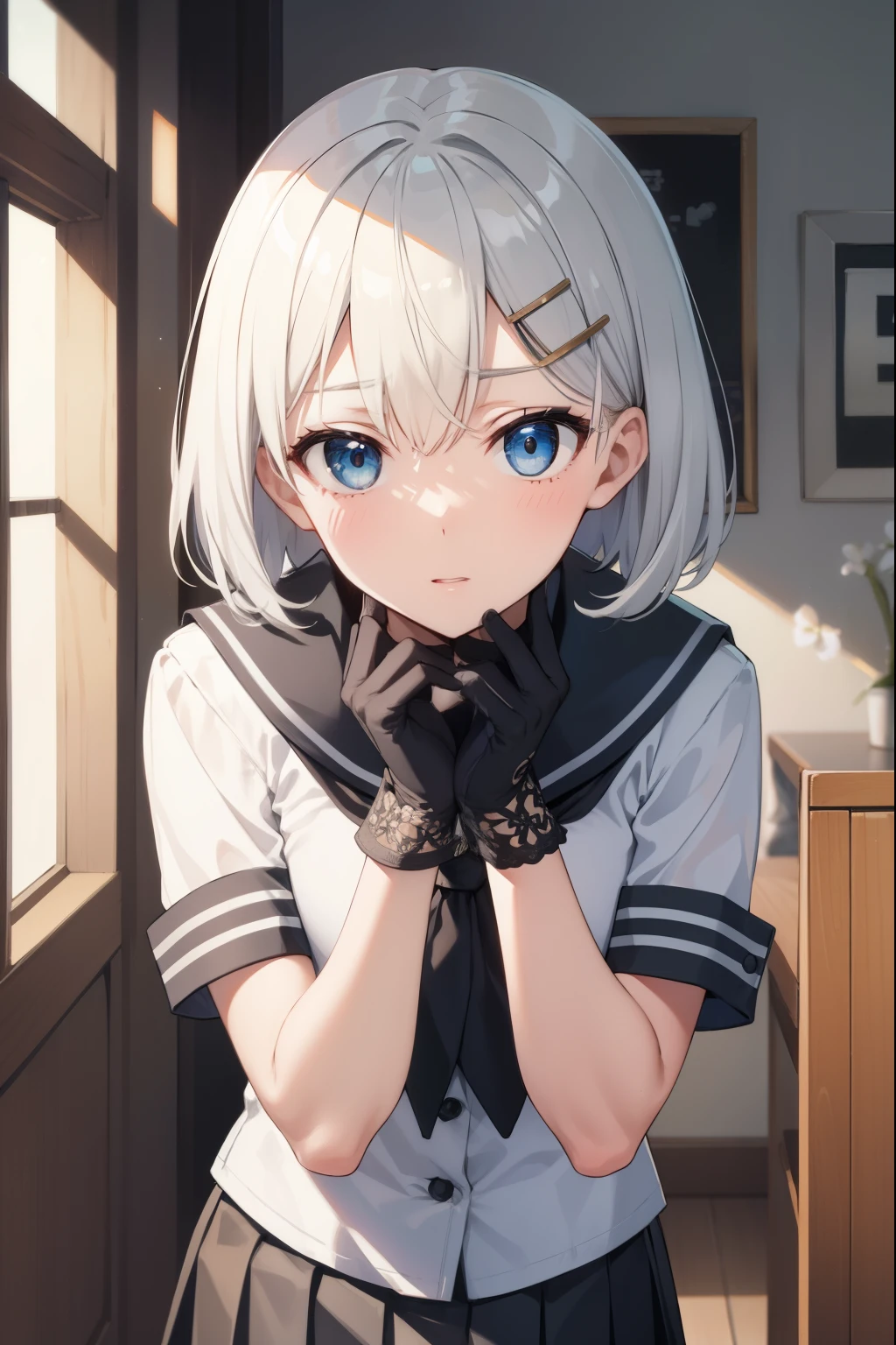 Hamakade, Hamakade, Blue eyes, White hair, hair ornament, Hair over one eye, hairclip, short hair, short hair,
BREAK black tights, buttons, gloves, grey Sailor's collar, grey skirt, hairclip, neckerchief, tights, pleated skirt, Sailor's collar, , Seraphuku, skirt, white gloves, yellow neckerchief,
BREAK looking at viewer,
BREAK indoors, class,
BREAK (masterpiece:1.2), Best quality, a high resolution, Unity 8k Wallpaper, (illustration:0.8), (beautiful detailed eyes:1.6), very detailed face, perfect lighting, Extremely detailed computer graphics, (perfect hands, perfect anatomy),