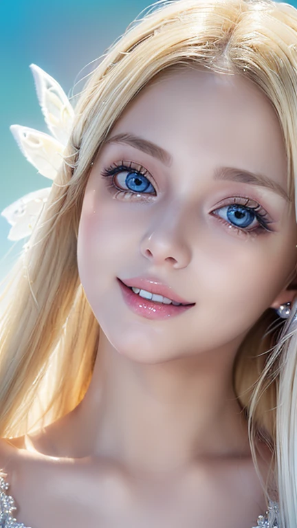 ((best quality:1.2, 8K, realistic photo:1.4, muste piece, back lighting, caustics, The ultimate beautiful blonde girl, Beautiful textures with great detail, detailed beauty makeup:1.2, Very white beautiful skin、Very beautiful bright light blue big eyes、very big eyes, blonde hair above one eye、blonde between the eyes、Detailed vandium thorax, (Canal background), ((White Fairy Costume )), (hair ornament), (naughty smile), (Detailed blonde and silver two-tone straight super long hair), ((round face)), (head tilt), From above , (wind)、small face beautiful girl、round face、cheek gloss highlight