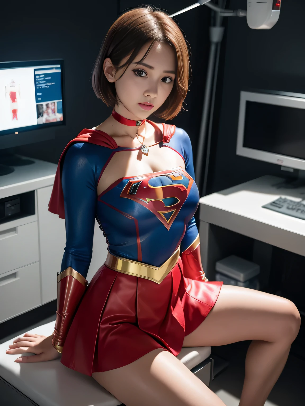 master piece,Supergirl costumes, short hair, barefoot, big and full breasts,operating room、operating table、straddle、corrupted、shiny、look at the camera、choker、long sleeve、red mini skirt