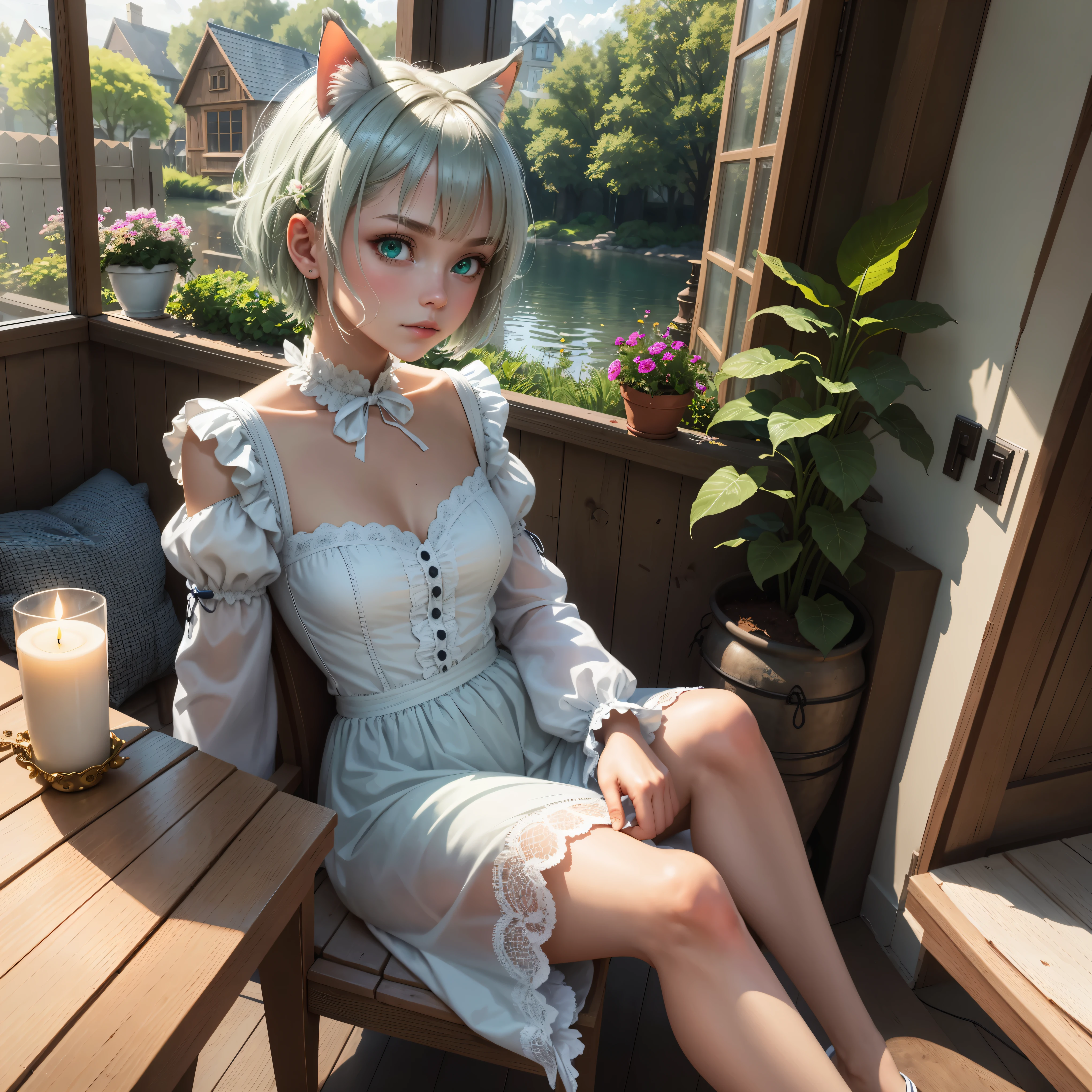masterpiece, best quality,ultra-detailed,hyper details, cinematic light,, 1girl, solo, sit, outdoor, summerhouse, sitting in the summerhouse, plants, table, chandelier, candle, wind, green eyes, pan-green silver hair, short hair, animal_ears, animal_ear_fluff, floating hair, light, light frown, profile,looking at viewer, dynamic_angle