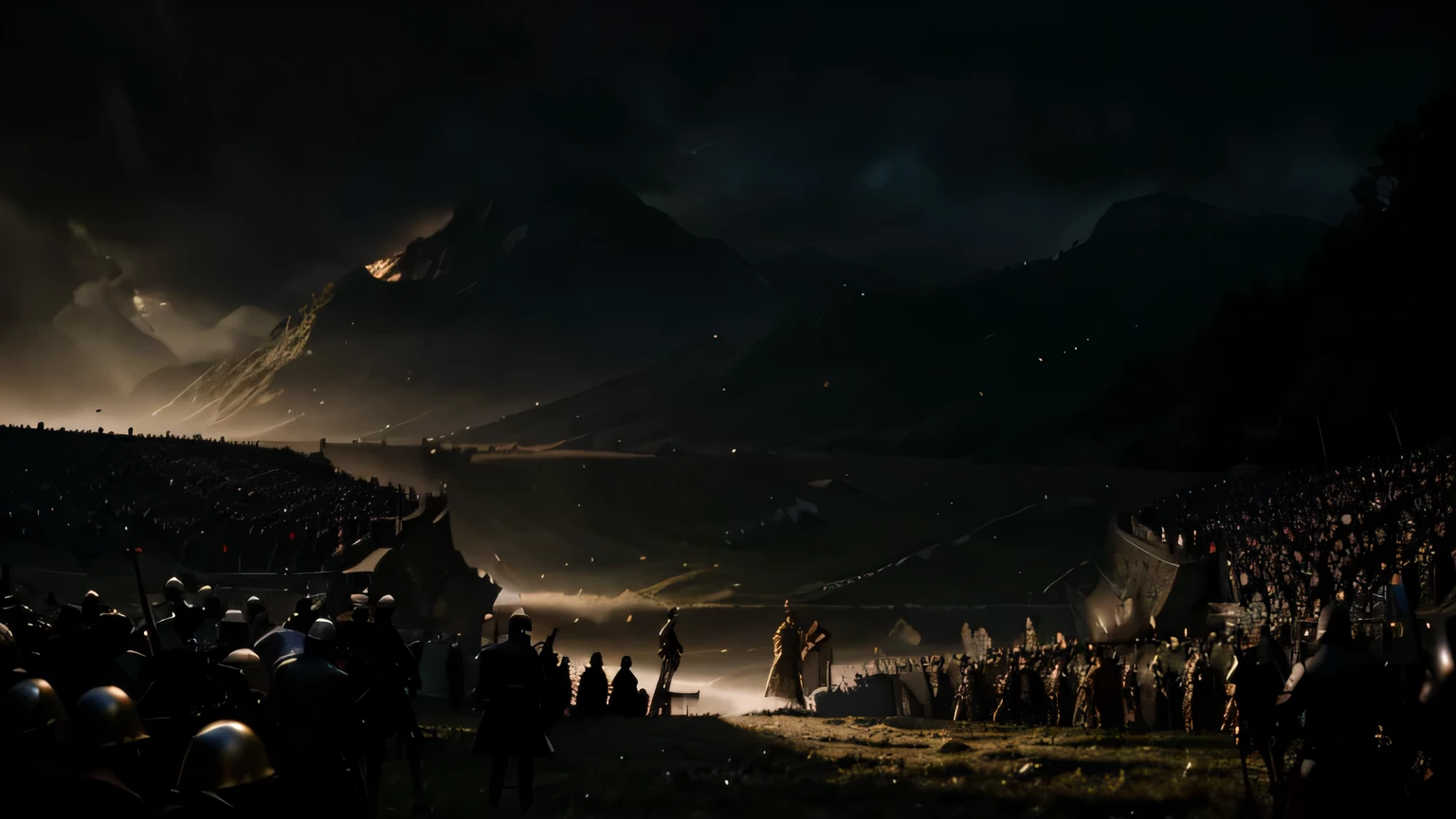 The climax battle with flashes of light and shadows, battle, fight, a lot of people, many people, war, fantasy style, cinematic, detailed, 8k, sharp focus, dark fantasy style, at evening during rain, beautiful and aesthetic, photography, cinematic, 8k, high detailed, hyper detail eyes,
