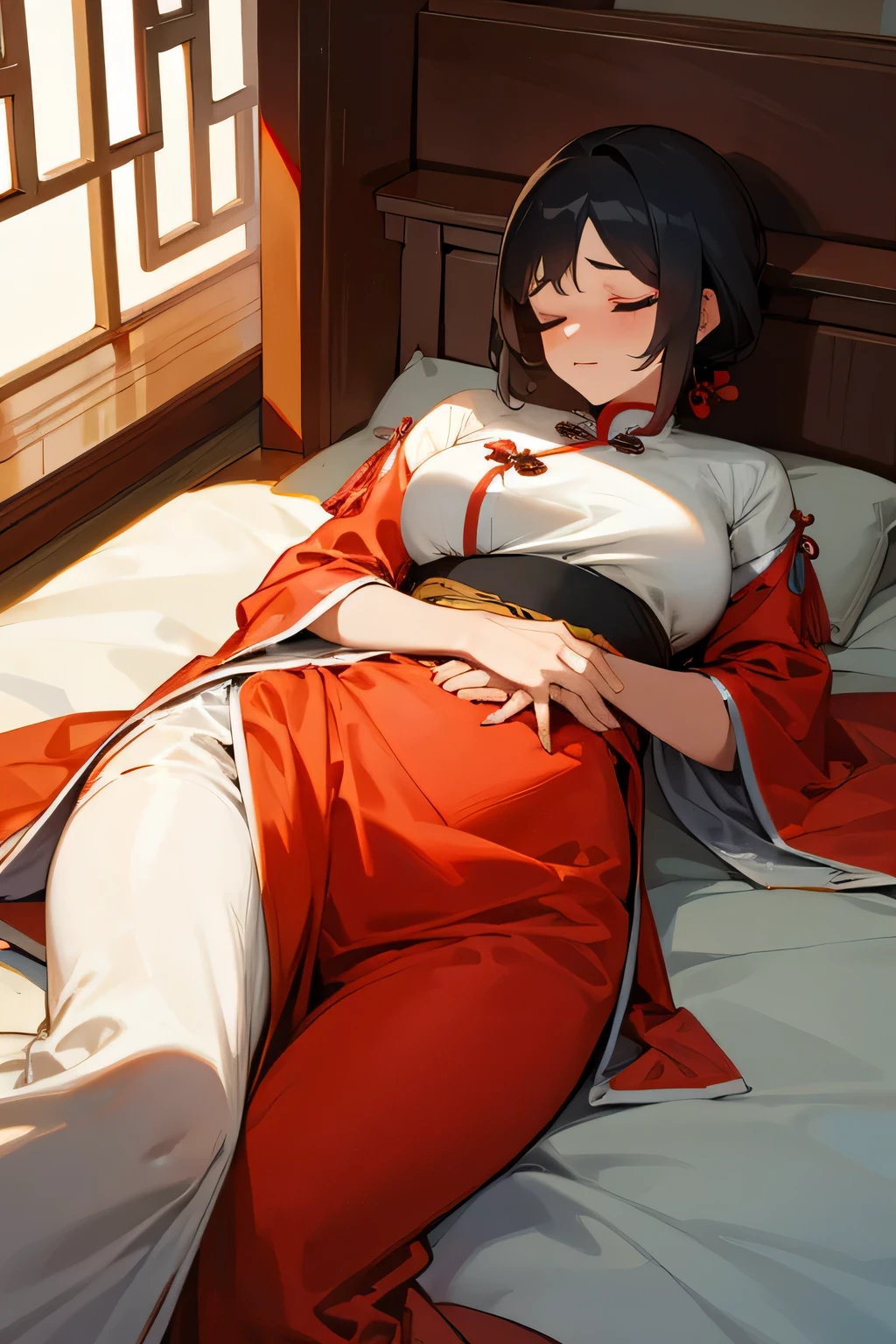 Beautiful mature woman wearing ancient Chinese clothing sleeps shyly