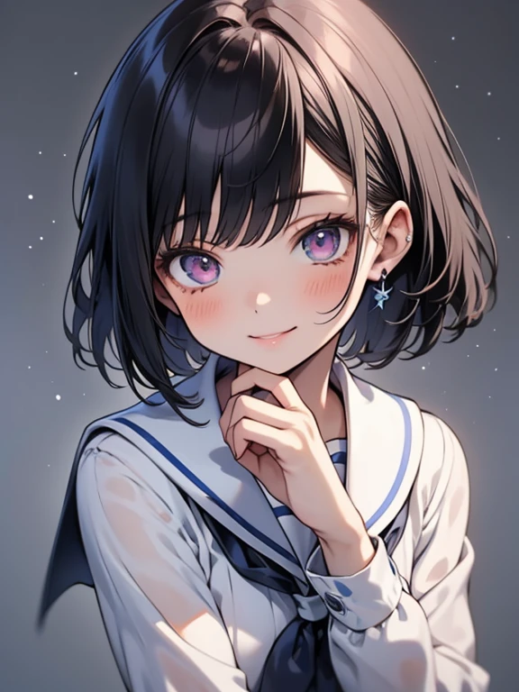 （masterpiece），（highest quality），（very detailed），（enlightenment），（ultra high resolution）, black hair, Anime adult woman wearing a sailor suit, navy blue sailor uniform, anime style, 2D rendering of an anime adult woman, realistic young anime adult woman, Smooth anime CG art, headband, smile, purple eyes, small breasts, tall, Straight hair, short bob cut, slanted eyes, The background is school, Front facing