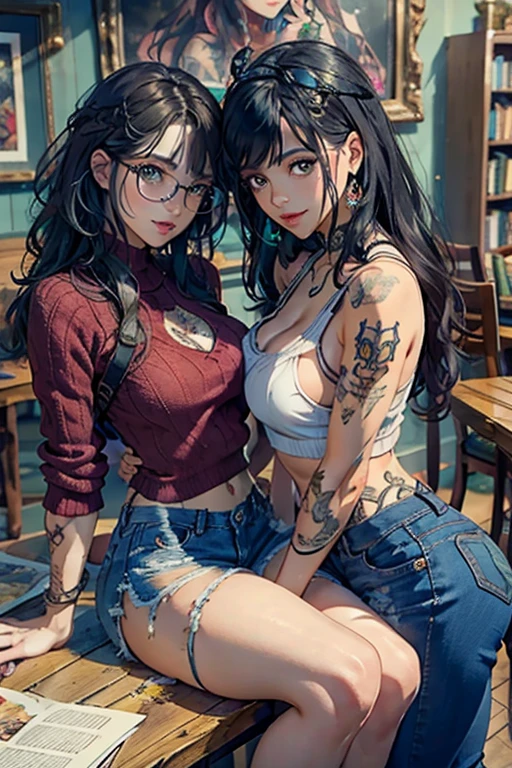 Two Gorgeous artsy women, long flowing thick natural hair, dressed in knit sweaters and ripped jeans pants, jewelry, tattoos, indie punk aesthetic, beautiful athletic body, lovely lively expressive eyes, painting in a library in autumn, lovely colorful lighting, Cheery atmosphere, flirty, freckles, gorgeous face, very tan skin, incredible detail to texture, in love, green eyes, lots of color, photorealistic, masterpiece, absolute babe,
Colorful outfit, patterns, glasses, sitting down in chairs behind a table reading in a cafe