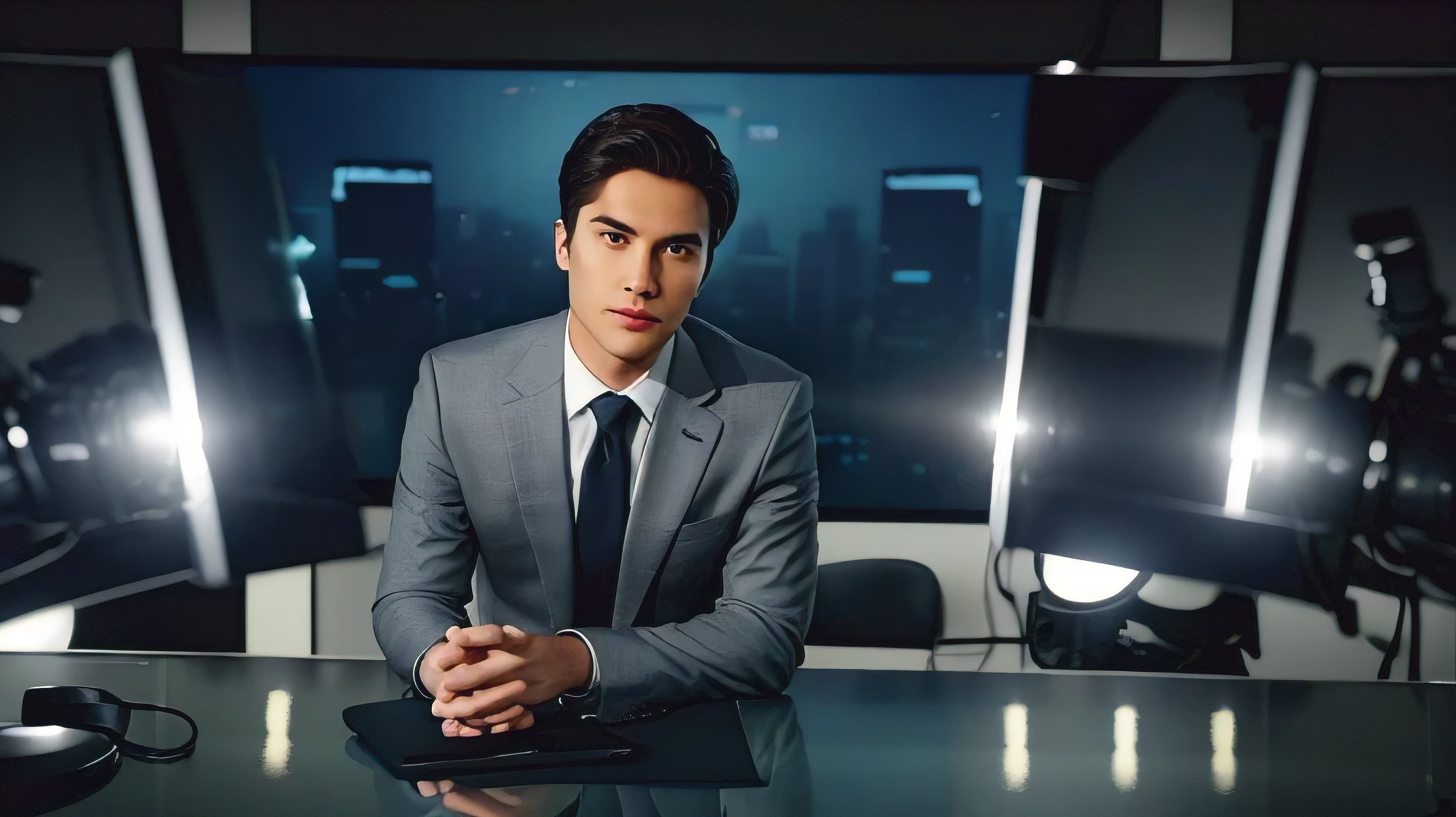 "Generate an image of a news anchor boy in a gray suit seated at a sleek desk in a modern news studio. The scene should depict a professional news broadcast setting with the boy holding a microphone and positioned in a close-up portrait shot. The emphasis should be on the journalist's professionalism, showcasing a mid-shot portrait with clear details of the gray suit, keyboard, and microphone. The background should convey the atmosphere of an evening news program, creating a dynamic and engaging visual for a news segment. The image should exude a sense of authority and credibility, capturing the essence of a young, professional news anchor delivering breaking news. The final image should be in high definition with a polished and sophisticated appearance."
