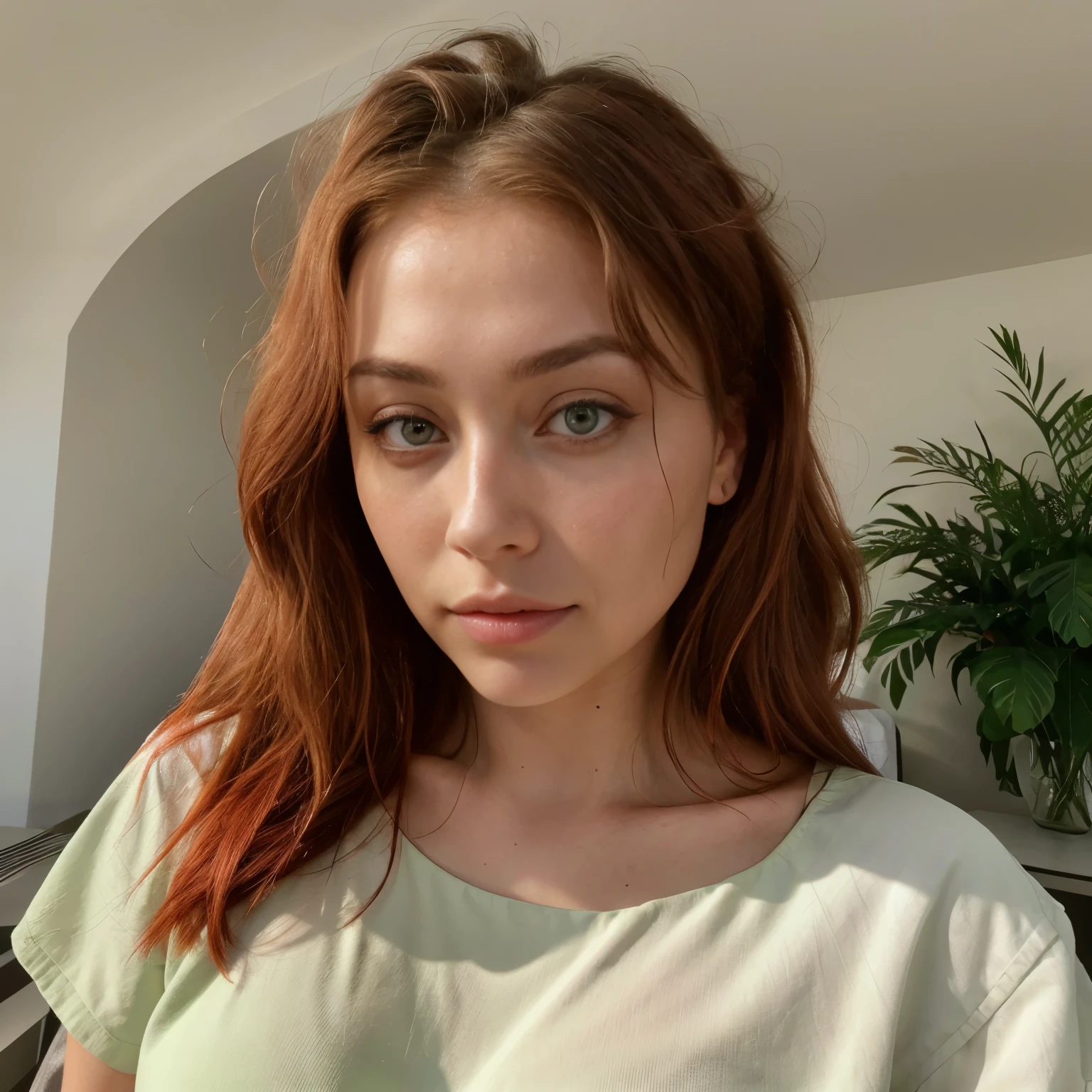 arafed woman fully , with green eyes, ultra realistic, meticulously detailed, portrait sophie mudd, red hair and large eyes, A stunning intricate color close up portrait of (sks woman:1), bedroom eyes, violet myers, without makeup, natural makeup, looking directly at the camera, face with artgram, subtle makeup , nluenceuse instagram, 90's outfit, portrait, Histoire Instagram, terrasse restaurant