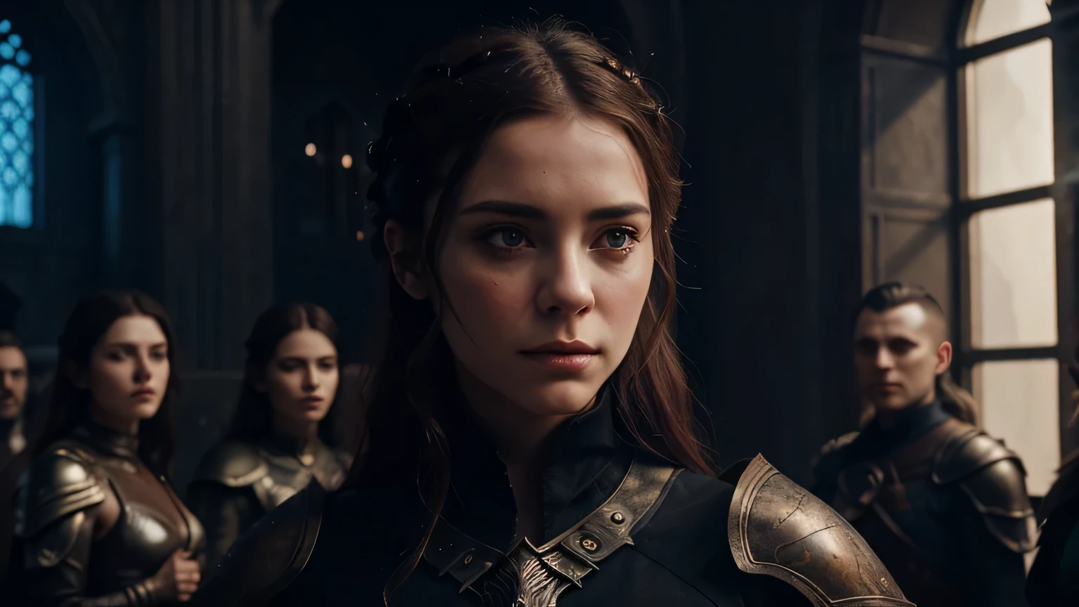 Elara, surrounded by allies, contemplating the realm's future, fantasy style, cinematic, detailed, 8k, sharp focus, dark fantasy style, beautiful and aesthetic, photography, cinematic, 8k, high detailed, detailed faces,